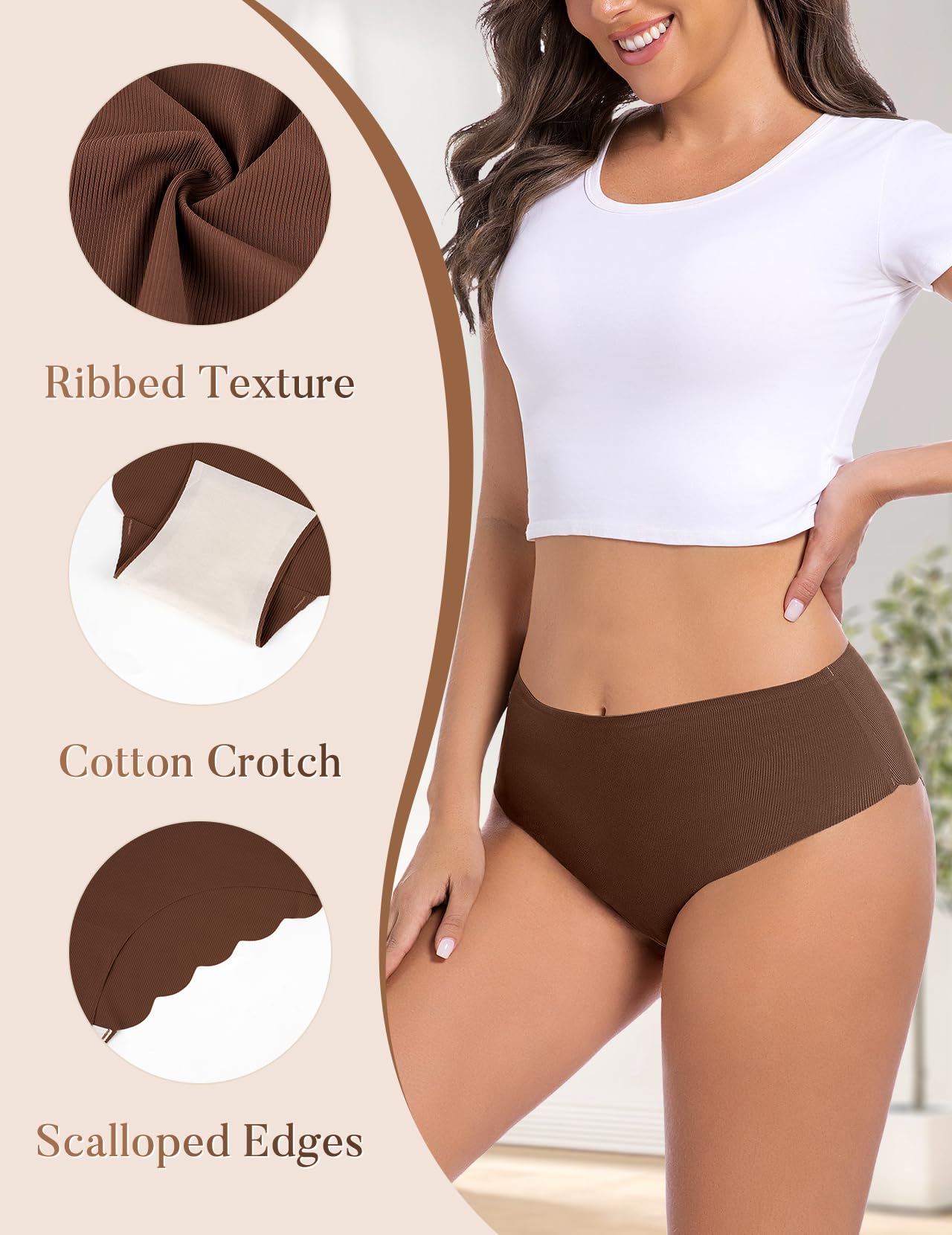 Ropa interior atrevida para mujer, sin costuras, borde ondulado, acanalado, talle alto, paquete de 6