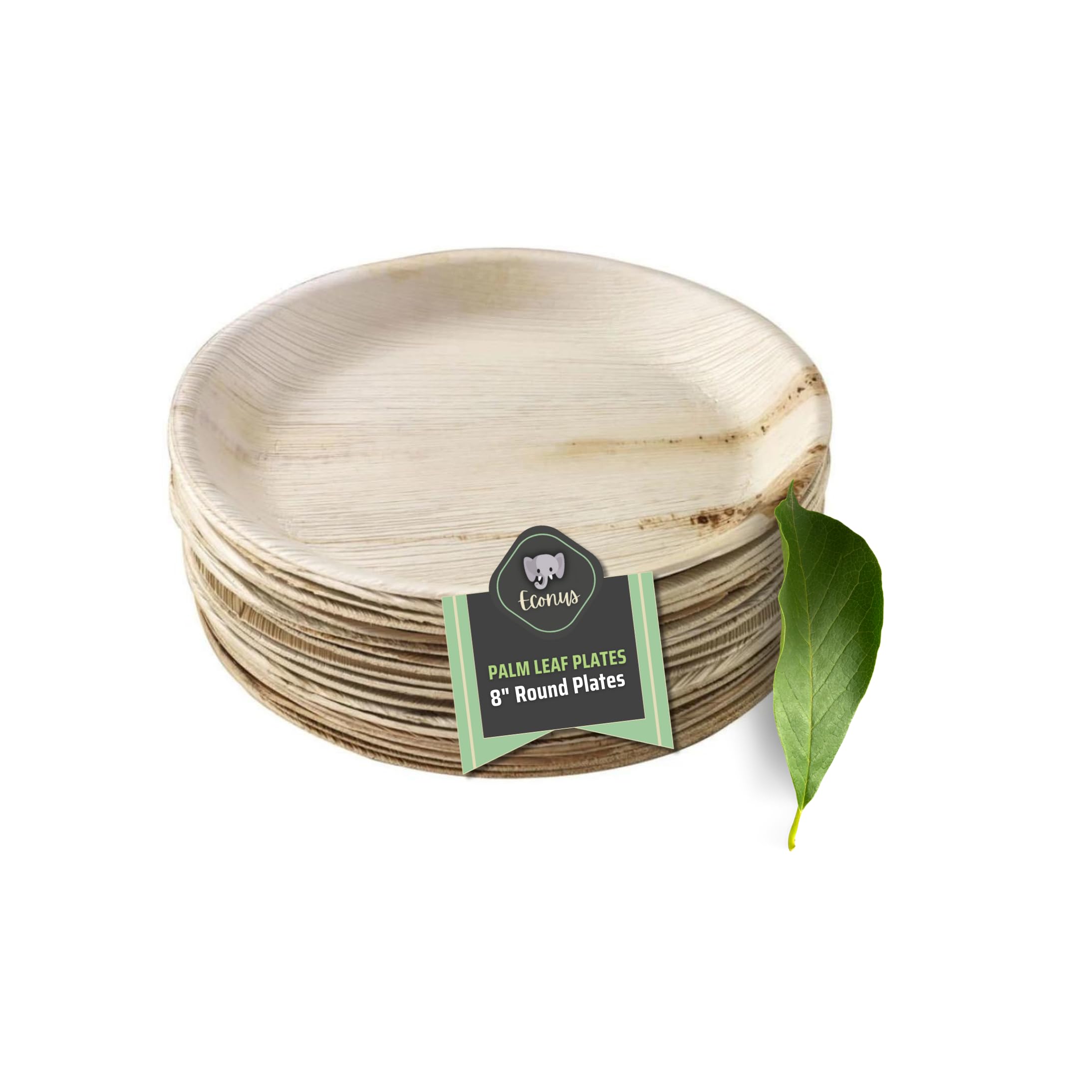 ECONUS [8 inch, 25-Pack Palm Leaf Round Plates | Disposable Eco-Friendly Biodegradable Like Bamboo Plates | Party, Wedding, Event Plates
