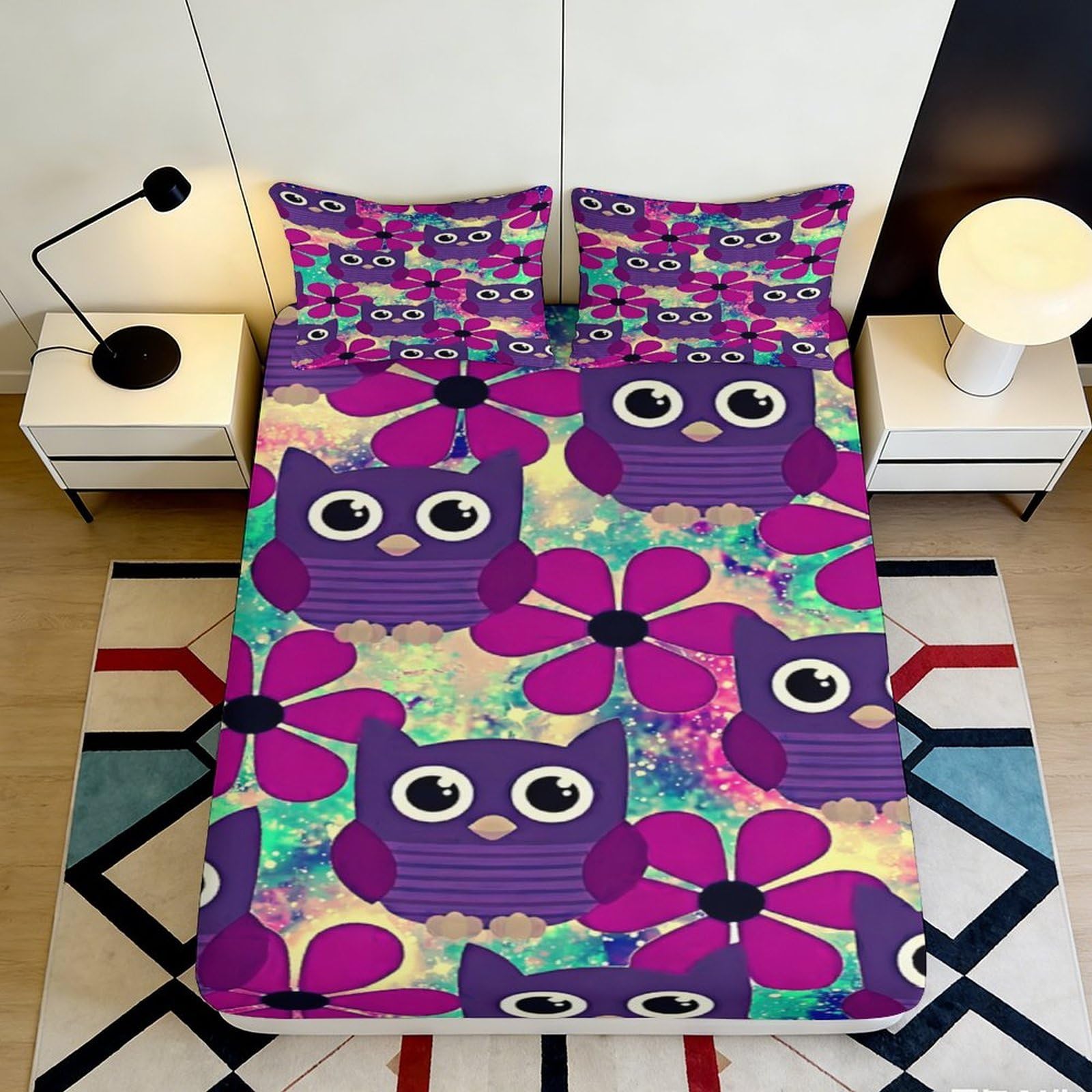Uynsixtme Style-10 3D Printed Owl Floral Fitted Sheet Microfiber Deep Pocket Non-Slip Bedroom Bedding Owl Floral Mattress Fitted Cover 140X200x25cm