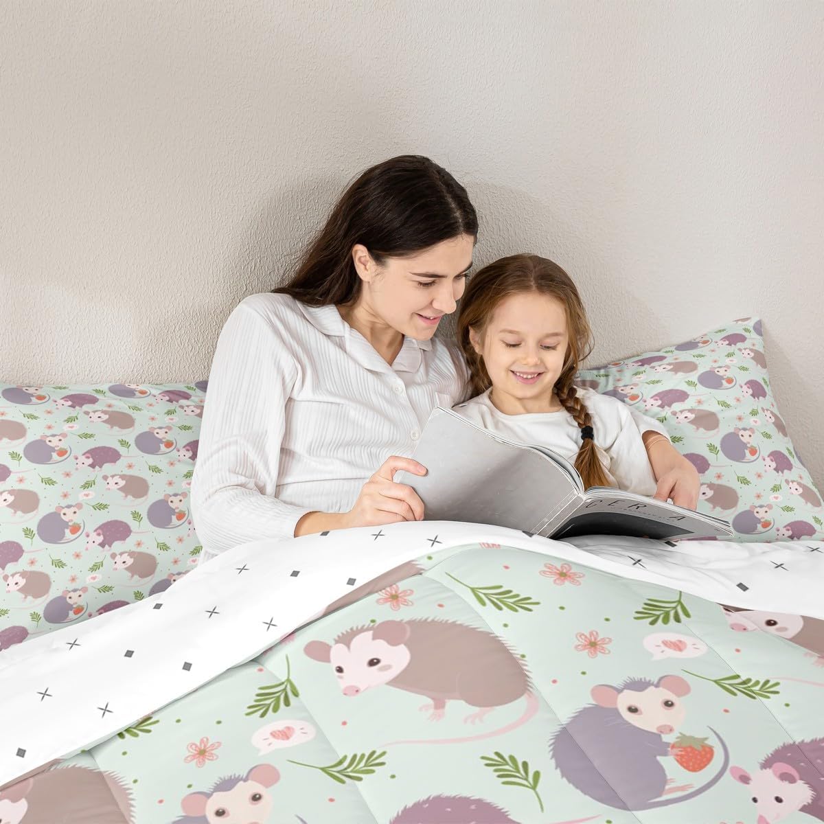 Castle Fairy Opossum Bedding Set for Boys Girls,Flowers Leaves Strawberry All Season Cozy Comforter Set Full Size,Watercolor Cute Possums Duvet Set Bedroom Decor,Festival Gifts