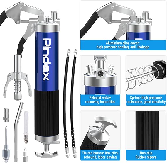 Pindex Grease Gun Kit with Needle Coupler, Manual Grease Pump with 3 Hoses