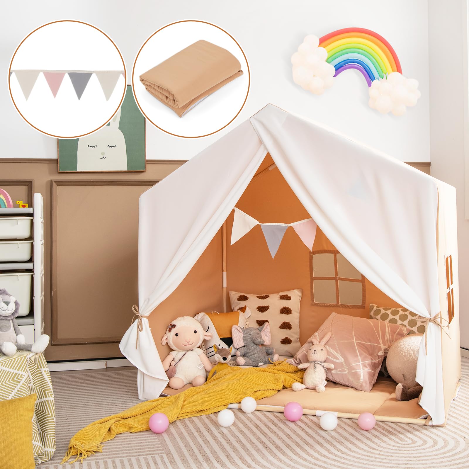 HOMASIS Tienda de campaña Infantil de Interior, Tienda de Juego con colchoneta y Cortina y Banderas, casita de Juego de Estructura de Madera para niños de 3+ años, 131 x 91 x 131 cm (Marrón)