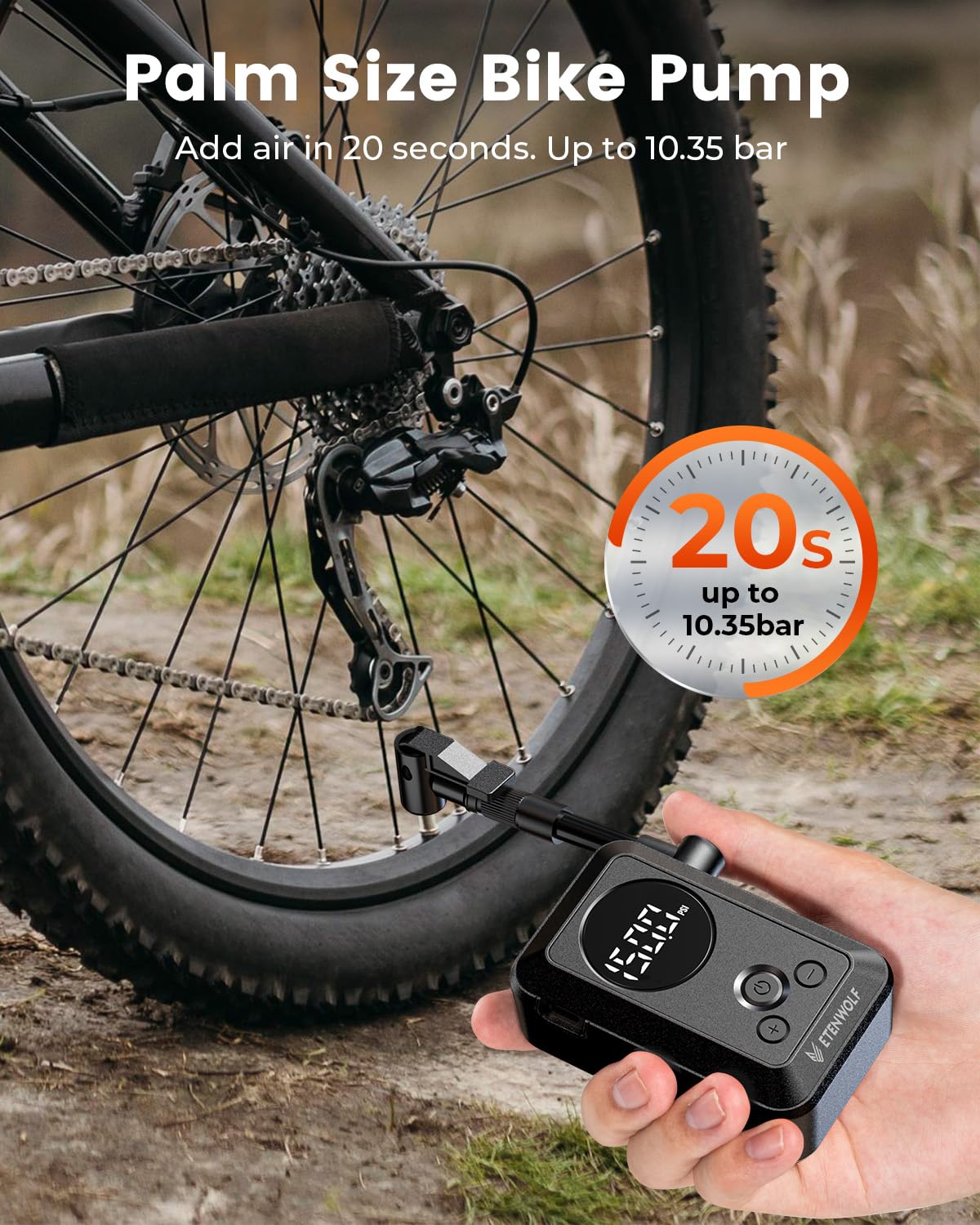 ETENWOLF Mini Electric Bike Pump, 10.34 BAR Portable Bicycle Air Pump with Presta and Schrader Valve for Mountain Bike,Road Bike,Motorcycle,Sport Ball, Fast Inflate & Auto Stop Bicycle Pump with Gauge - 2