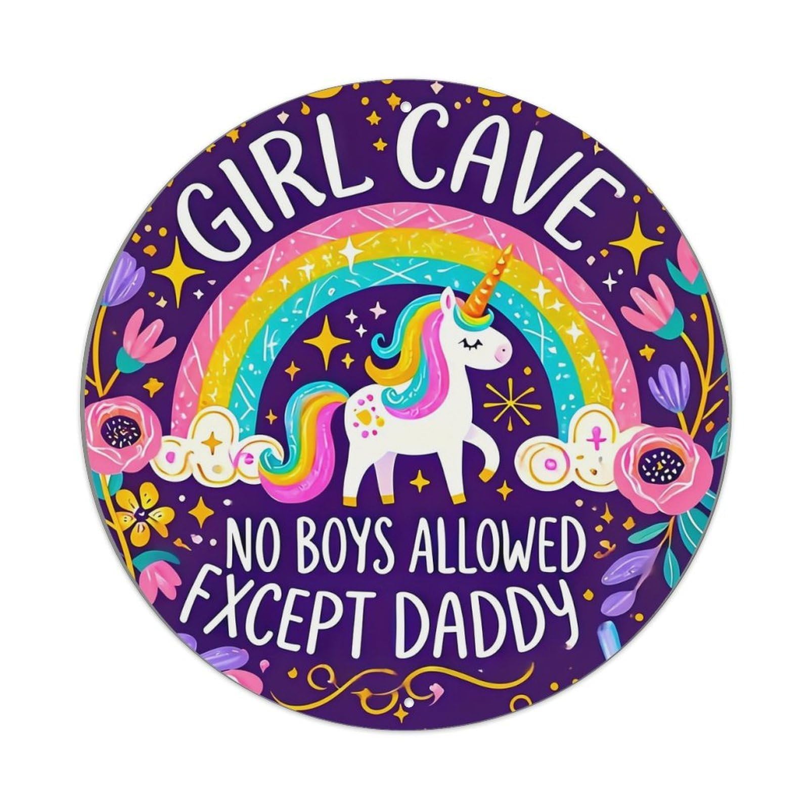 Unicorn Rainbow Flowers Stars Text_1 Round Metal Tin Sign Vintage Wall Decor, Bar Garage Cafe Kitchen Home Wall Art Poster 8x8inches