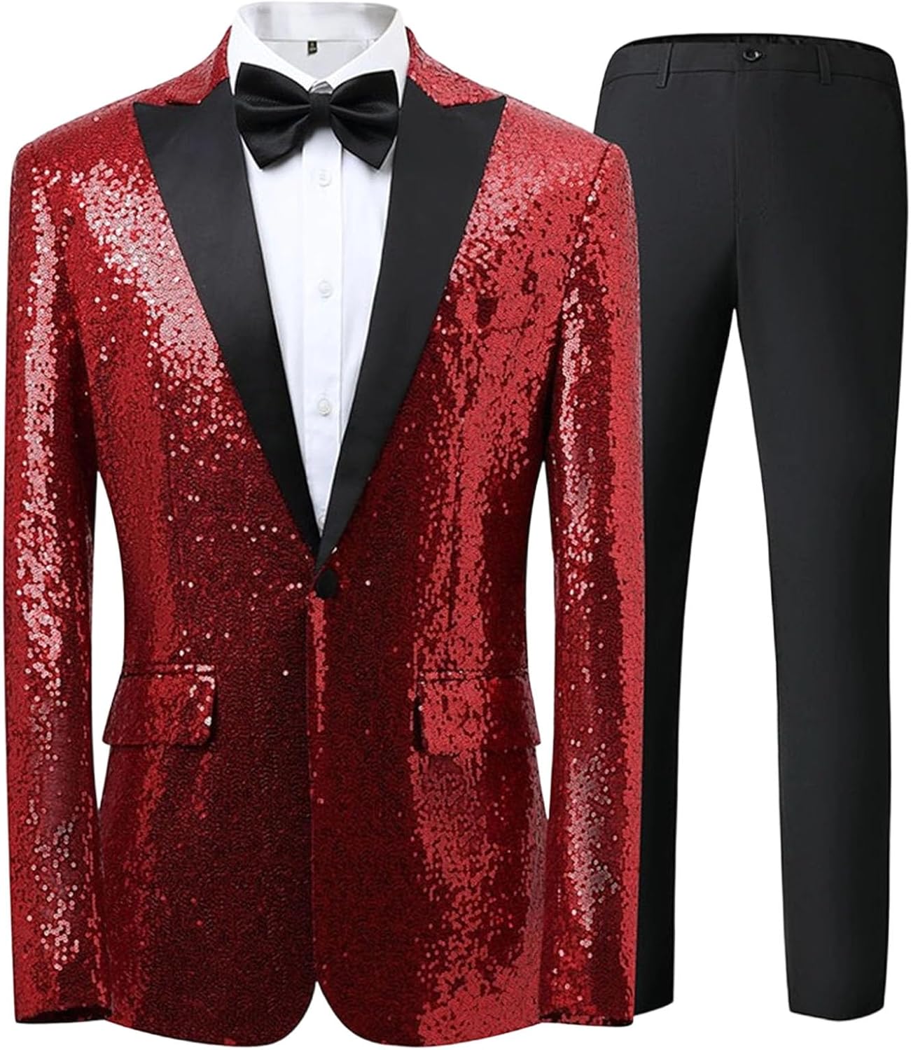 Mens Shiny Sequin 2 Piece Tuxedo Suit One Button Slim Fit Pants Jacket Sets for Prom Wedding