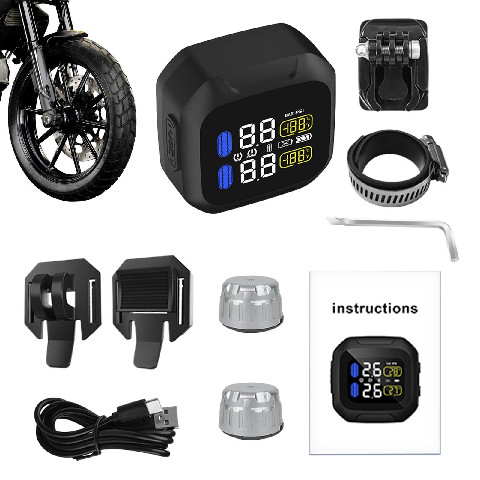 SistemaDi Monitoraggio Della Pressione Dei Pneumatici Per Moto | TPMS Solare USB Ricaricabile Da 3 V, -20 ? - +80 ? TPMS Intelligente Con Temperatura Di Lavoro Con Batteria Da 1000 MAh Per Ciclismo,
