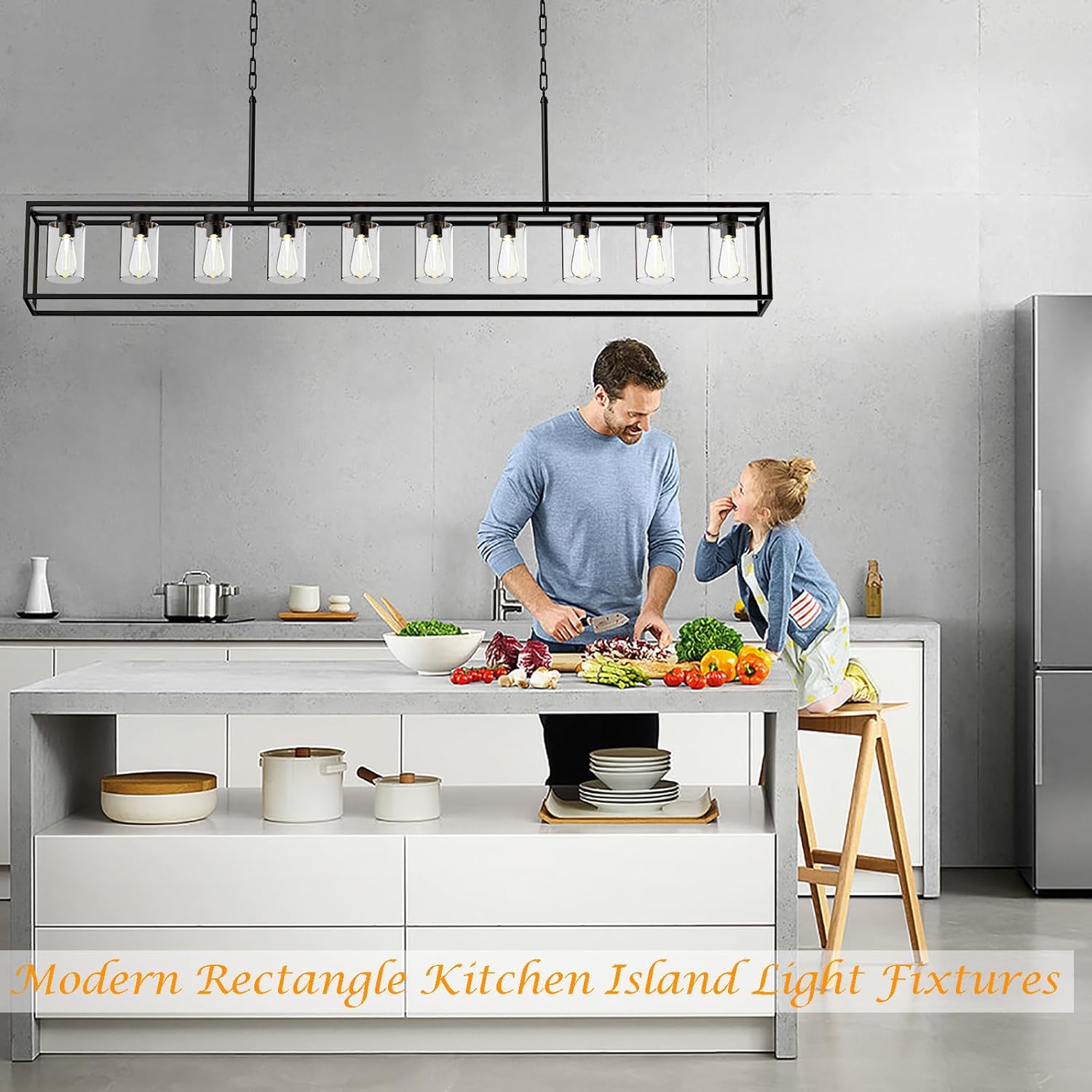 Island Light for Kitchen with Clear Glass, 10-Lights Farmhouse Rectangular Pendant Lighting for Dining Table Kitchen Island Living Room, Black Dining Room Light Fixture Over Table