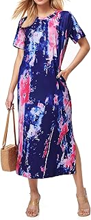 Womens Maxi Dresses Split Casual T Shirt Dress with Pockets Crew Neck Short Sleeve Summer Dresses - Buy now