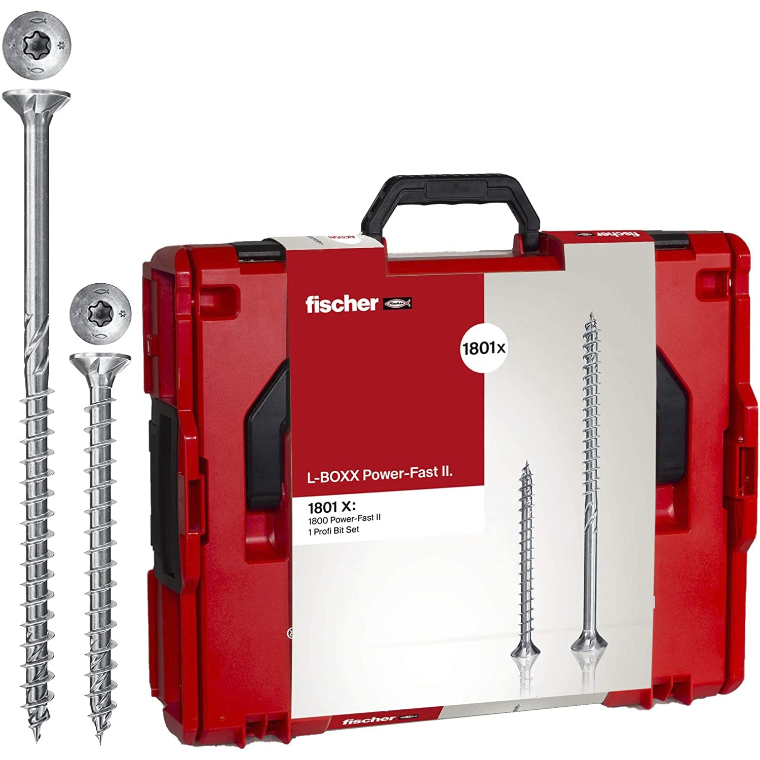 fischer PowerFast II in der handlichen L-Boxx, 1800 x PowerFast II Schrauben in vers. Größen mit Voll-und Teilgewinde, Spanplattenschraube für eine schnelle und flexible Verarbeitung, inkl. Bit Set