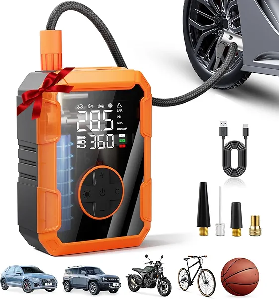 Lazyshine Portable Air Pump for Car Tires, 150 PSI Tire Inflator Cordless with LED Light, Rechargeable Auto Shut-off Air Compressor 2X Fast Inflation Tire Pumps for Car Bike Motorcycle Ball