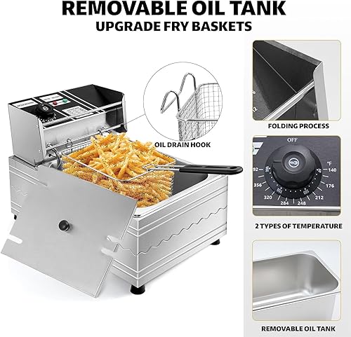 Miniatura 4 de Freidora eléctrica grande de 1600 W de 6 litros con 1 cesta de freír, freidora eléctrica para uso doméstico y comercial, temperatura ajustable,
