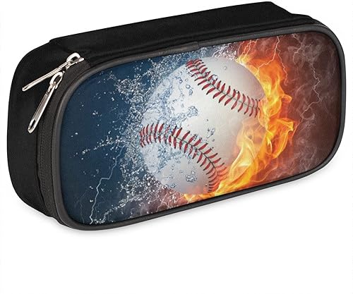 Estuche de cuero blanco de béisbol 3D para lápices, organizador de papelería de gran capacidad, bolsa para lápices con agua y fuego para niños y