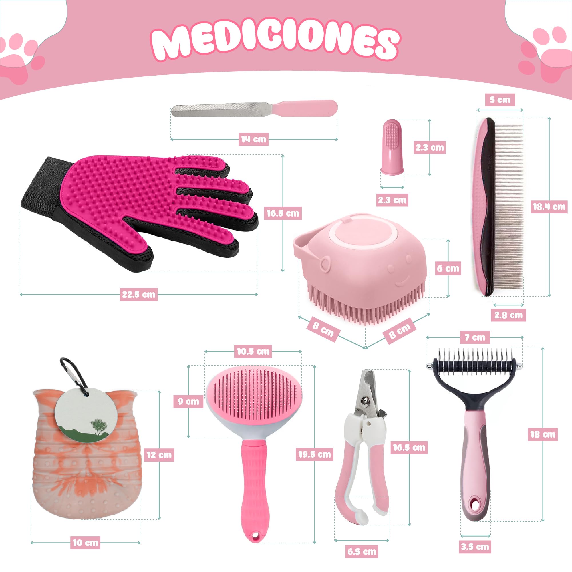 Kit de Aseo para Mascotas 9 Piezas Rosa – Cepillo Gato Pelo Corto, Deslanador Perros, Guante Quitapelos, Limpia Patas, Cortaúñas Gato, Peine y Cepillo Dental
