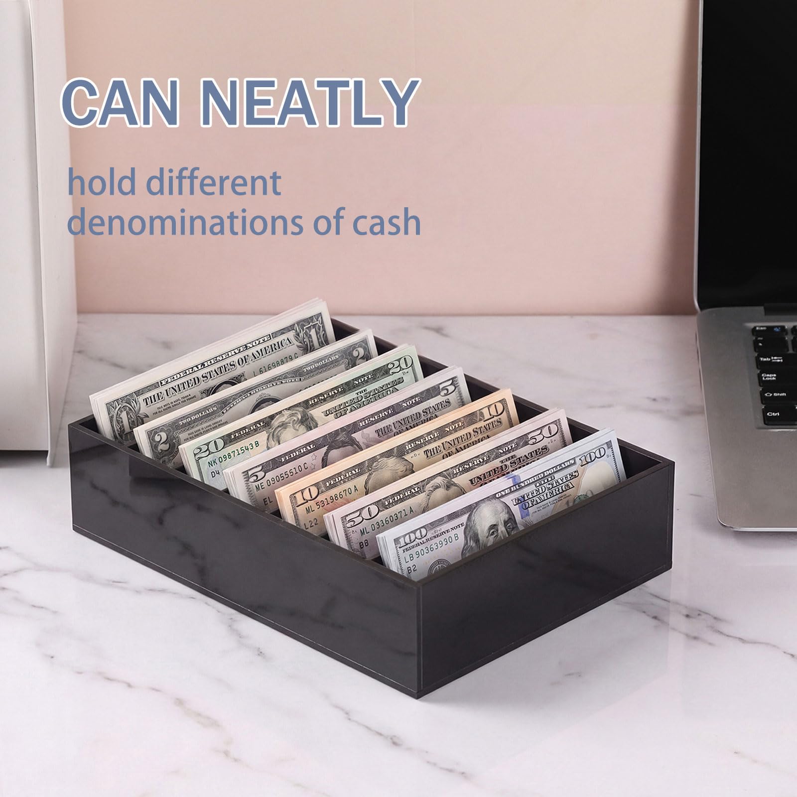 WHJY Set di 2 cassetti per contanti in acrilico nero, 8 scomparti, con divisori staccabili, multi-griglia, organizer per banconote, negozi e uffici