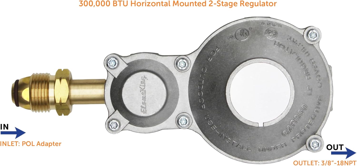 Flame King 300,000 BTU Horizontal Mounted 2-Stage Propane LP Regulator with POL for RVs, Vans, Trailers, Campers, 100LB Tanks, ASME Tanks, Generators