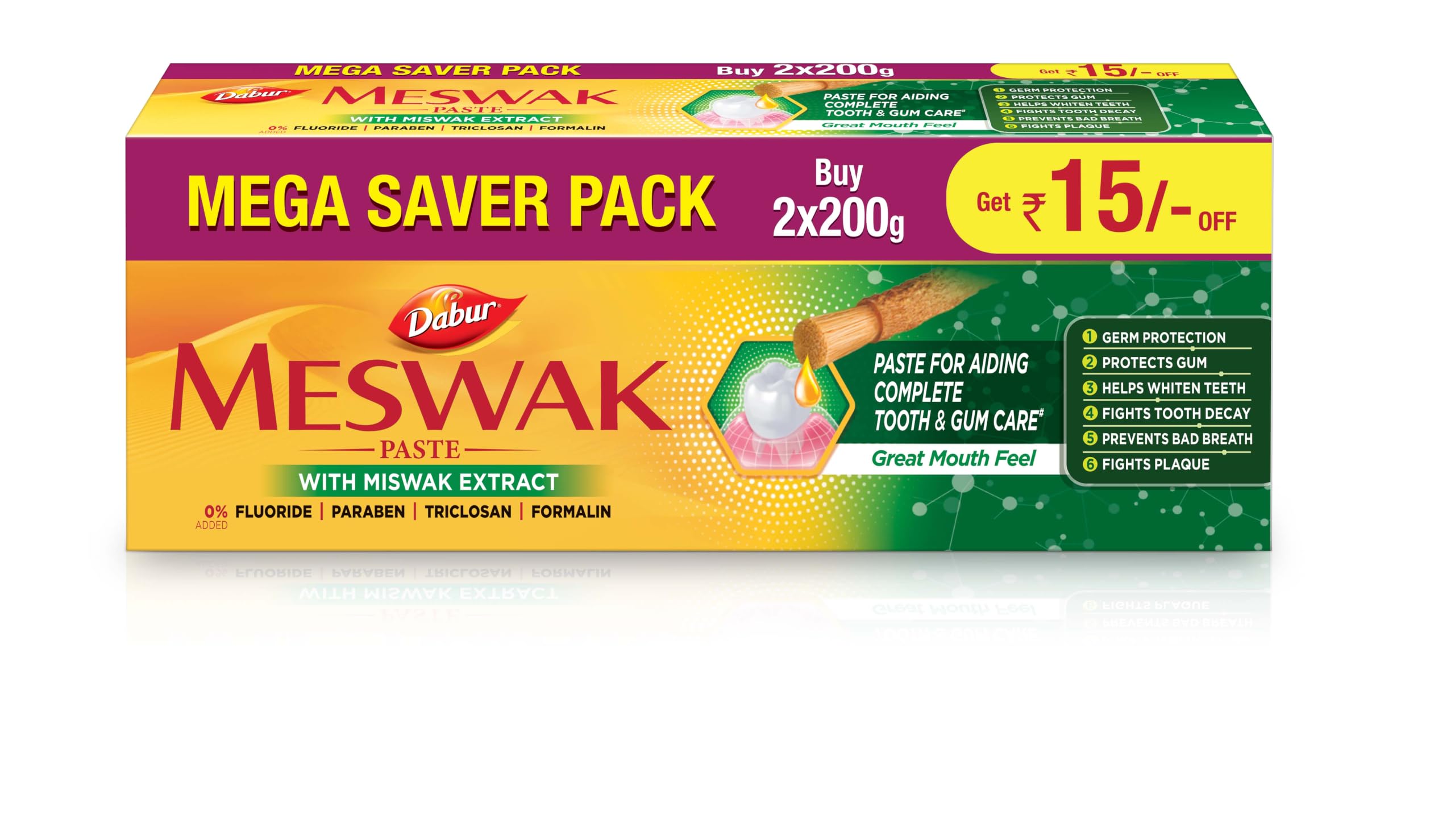 Dabur Meswak: India's No-1 Fluoride Free Toothpaste with Antibacterial, Anti Inflammatory & Astringent benefits,Cavity Protection|Helps fight Plaque, Tartar, Cavity and Tooth Decay- 400 gram(200gm*2)