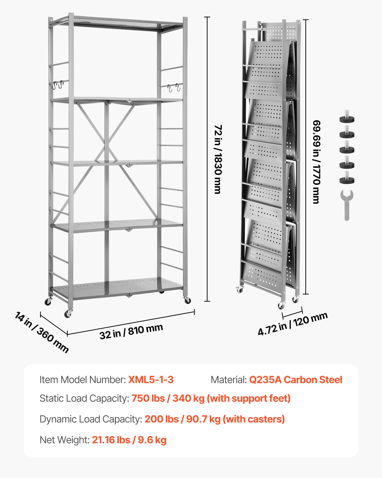 VEVOR Estante de Almacenamiento Plegable de 5 Niveles con Ruedas 81 x 36 x 183 cm Estantería Metálica Móvil Resistente, sin Necesidad de Ensamblaje, Organizador para Garaje, Cocina, Sótano, Gris
