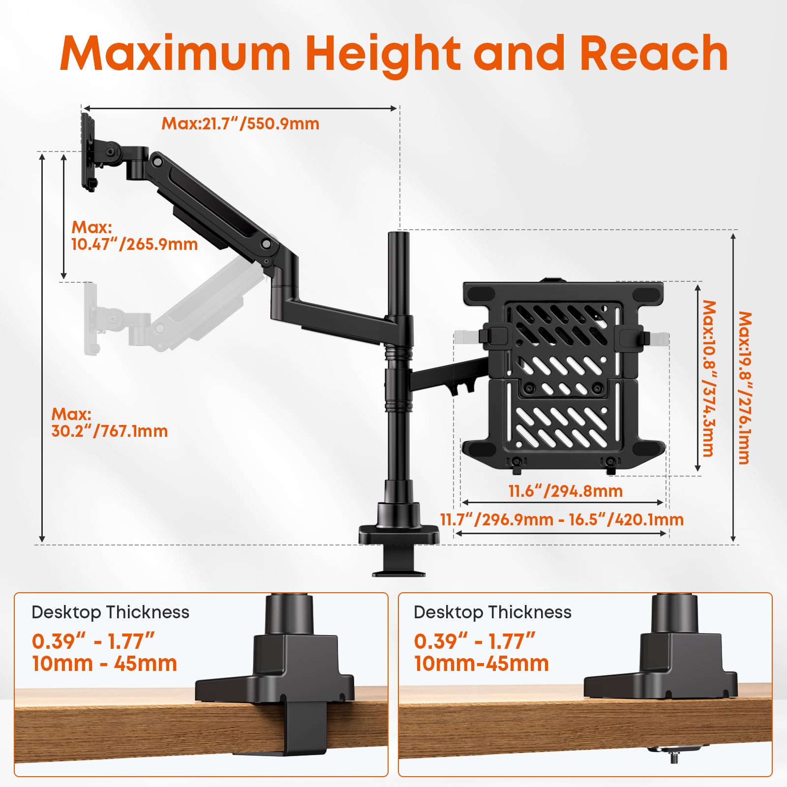 Support Écran PC Portable 2 en 1 Réglable Double Bras pour Écran LCD LED 17-49 Pouces, Ordinateur Portable 18 Pouces, 20kg