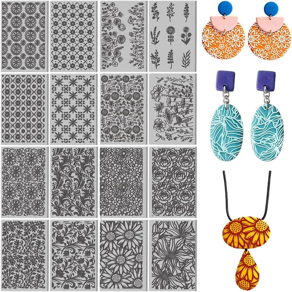 16 Sheets 16 Styles Vintage Vine Flowers Polymer Clay Texture Mat Bushes Clay Modeling Pattern Pad Plants Texture Sheets for Making Earrings Jewerly Tools, 4×2.6 inch