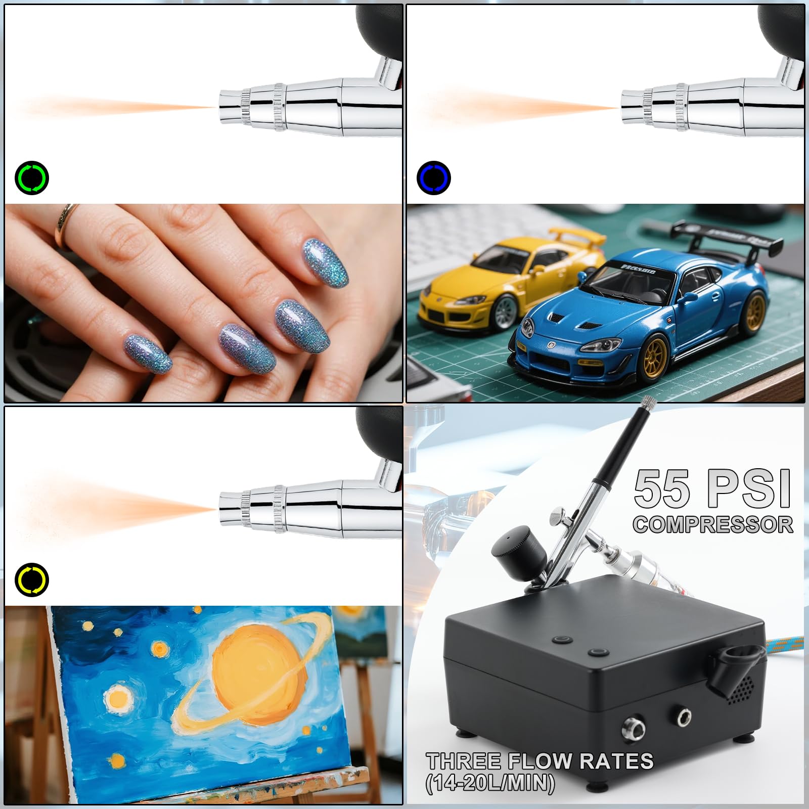 Roizefar Aerografo con Compressore 55 PSI, Kit Aerografo Professionale Anti-Intasamento con 4×100 ml Detergente, Ugelli 0.2/0.3/0.5 mm e Spazzole di Pulizia, Pittura, Modellismo, Nail Art e Trucco