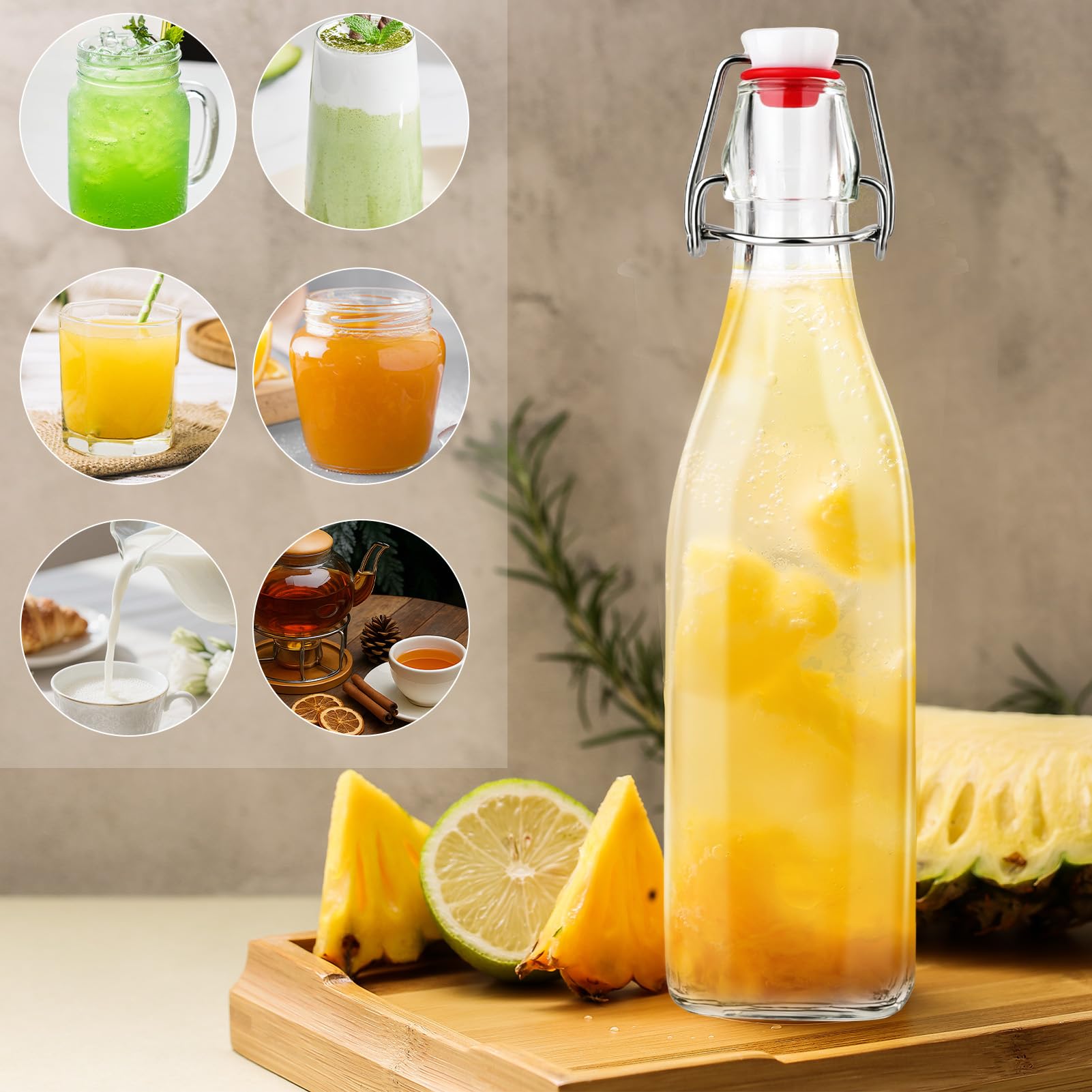 Set da 6 Bottiglie Vetro 500ml con Tappo Ermetico,Bottiglie riutilizzabili a Chiusura ermetica, contenitori in vetro per Bevande Fatte in Casa, Birra, Liquori, Succhi, Olio