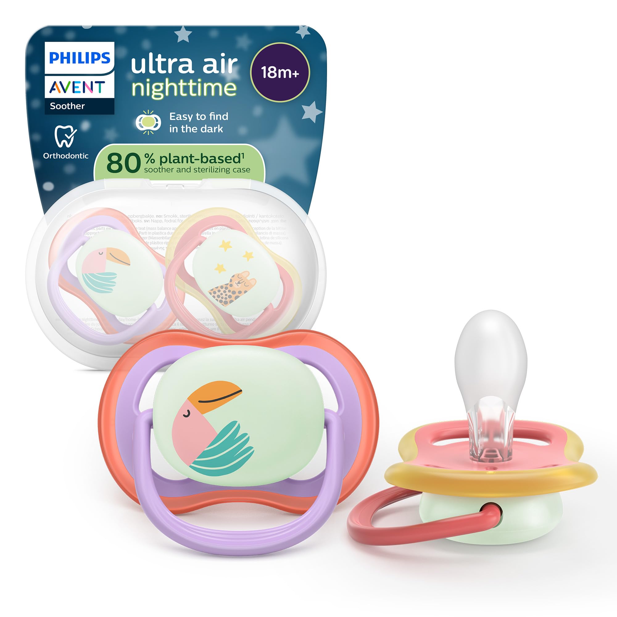 Philips Avent Ultra Air Nighttime Soothers, Orthodontic Design, for Babies 18 Months+, Glow in The Dark