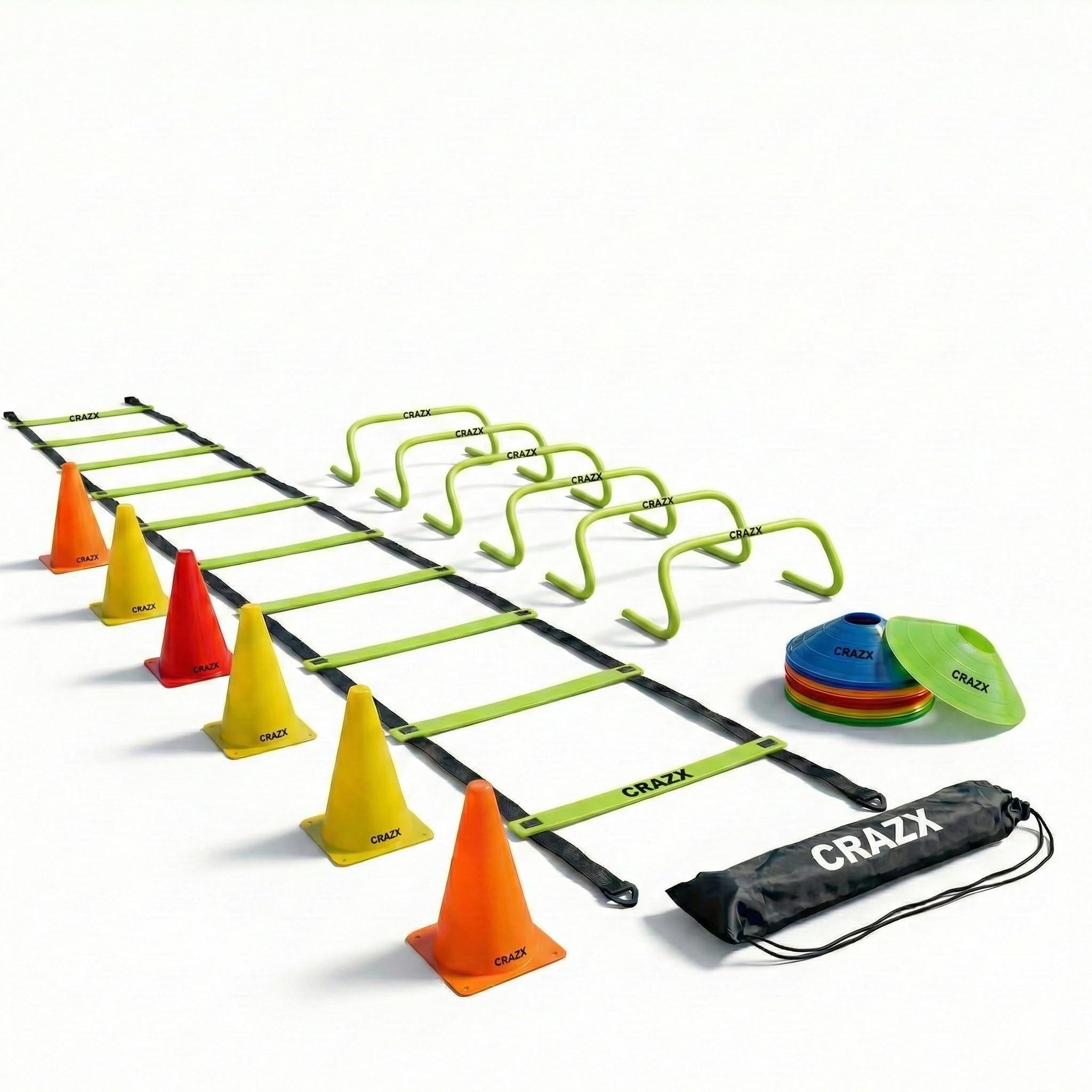 Football Agility Training Equipment Set - 4m Speed Ladder with Carry Bag, 6" Hurdles 6pc, 2" Disc Cones, and 6" Marker Cone 6pc (Multicolor)