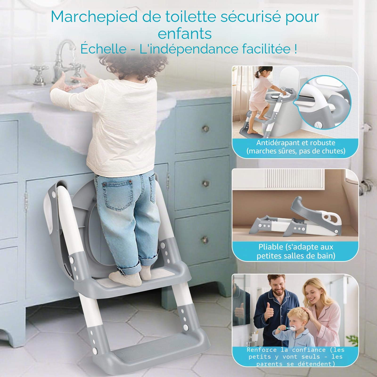 Reducteur Toilette Enfant, Réducteur WC avec Marches, Rehausseur Toilette Enfant avec Coussin PU, Hauteur Réglable et Pliable, Antidérapant, Adaptateur Toilette pour Garçons et Filles (Blanc, Gris)