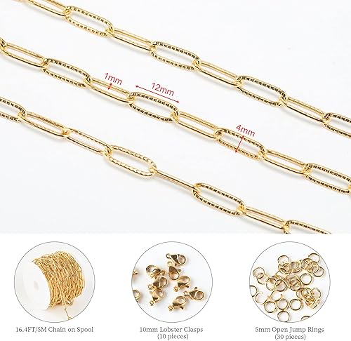 Miniatura 2 de KYUNHOO Cadena de acero inoxidable chapada en oro de 16.4 ft para hacer joyas, cadena ovalada en relieve de 0.157 in de ancho, cadena de joyería