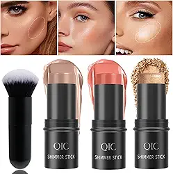 DENESTUP Kit De Maquiagem Com 3 Bastões De Contorno, Tons Com Bronzeador Cremoso, Iluminador E Blush Em Bastão, Fácil De Esculpir As Bochechas, Não Oleoso, À Prova D'Água, Efeito Fosco E Úmido De Lo