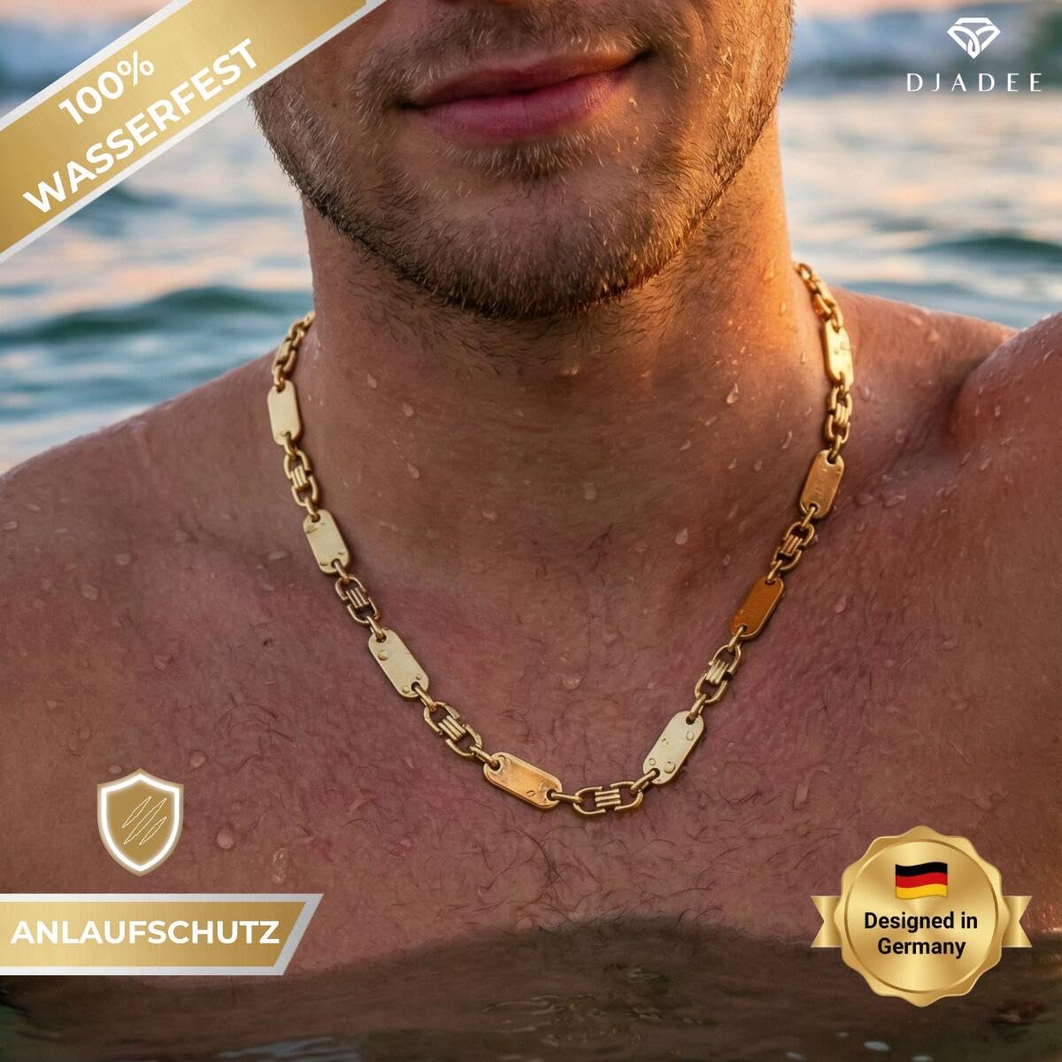 DJADEE Herren Kette Gold 750 vergoldet Premium Edelstahl 316L Plattenkette 6/8/10/12 mm Wasserfest Hypoallergen Hochglanzpoliert Geschenk für Männer Halskette Steigbügelkette 18 Karat gestempelt