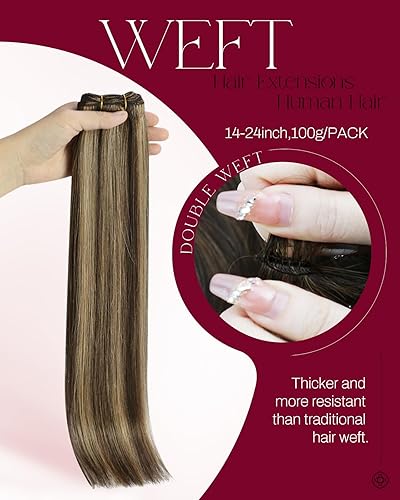 Miniatura 2 de Moresoo - Extensiones de cabello humano real cosidas, extensiones de cabello humano Remy con doble trama, color marrón oscuro con rubio caramelo, 22