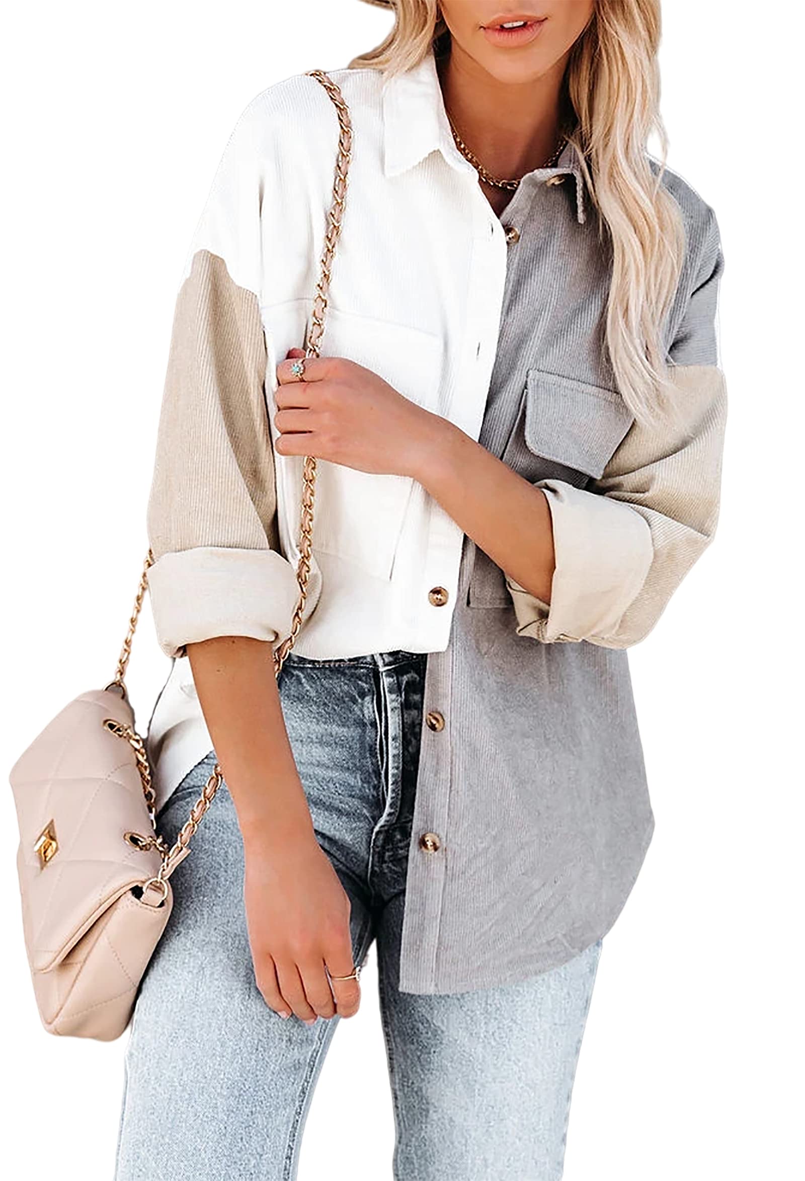 wkwmrpet Womens Corduroy Shacket Button Down Shirts Boyfriend Long Sleeve Oversized Tops Jacket