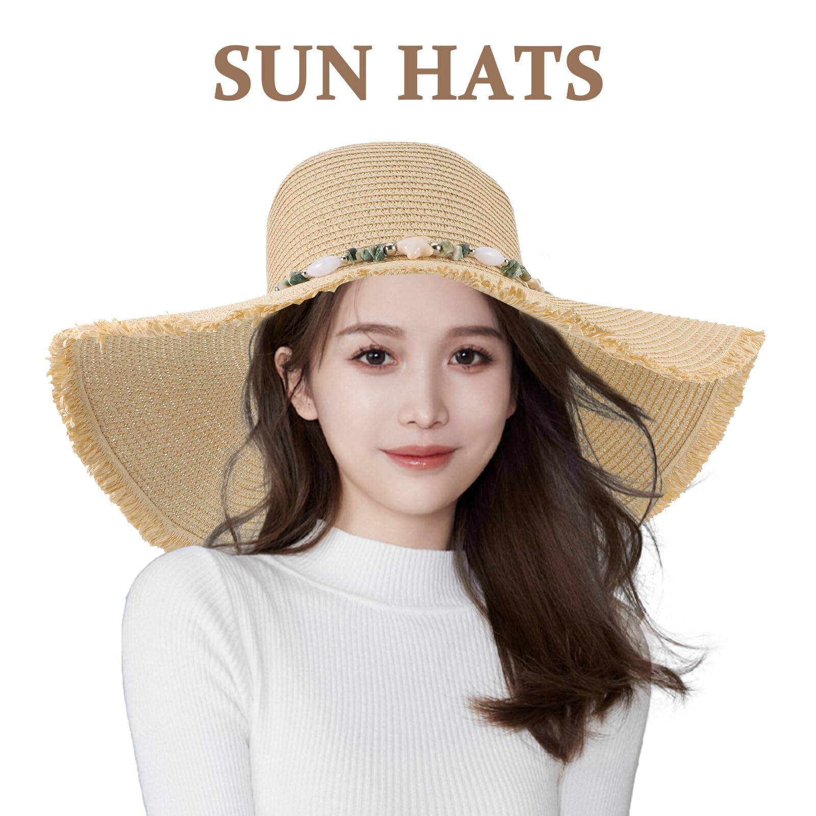 Sombrero de Paja para Mujer ala Ancha Beige Transpirable y Ligero Sombrero de Playa con Flecos Protección Solar UV Adecuado para Vacaciones y Uso al Aire Libre