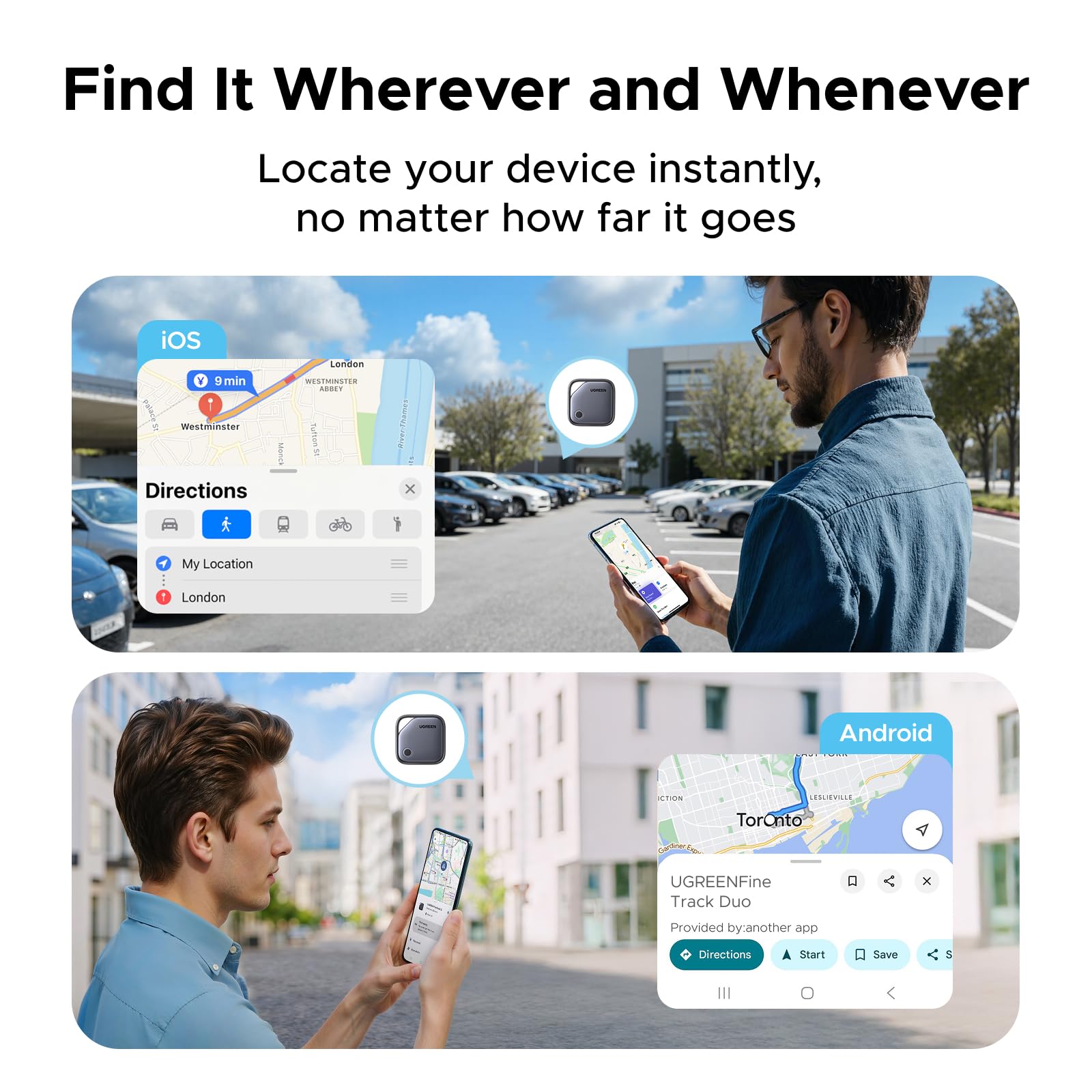 UGREEN FineTrack Duo Supporto iOS Find My o Android Find Hub Smart Finder Ricarica USB-C Localizzatore SmartTag Tracker Bluetooth per Chiavi Bagaglio Portafoglio Bicicletta Zaino Borsa (4 pezzi)