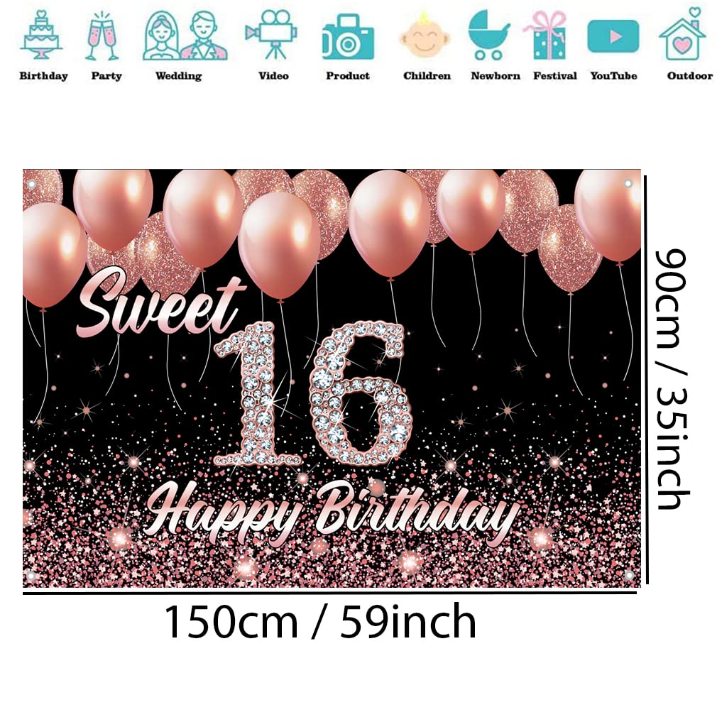 Festone Glitterato Happy Sweet 16 Per Compleanno Ragazza - Decorazioni Festa Oro Rosa Con Striscione E Nastri