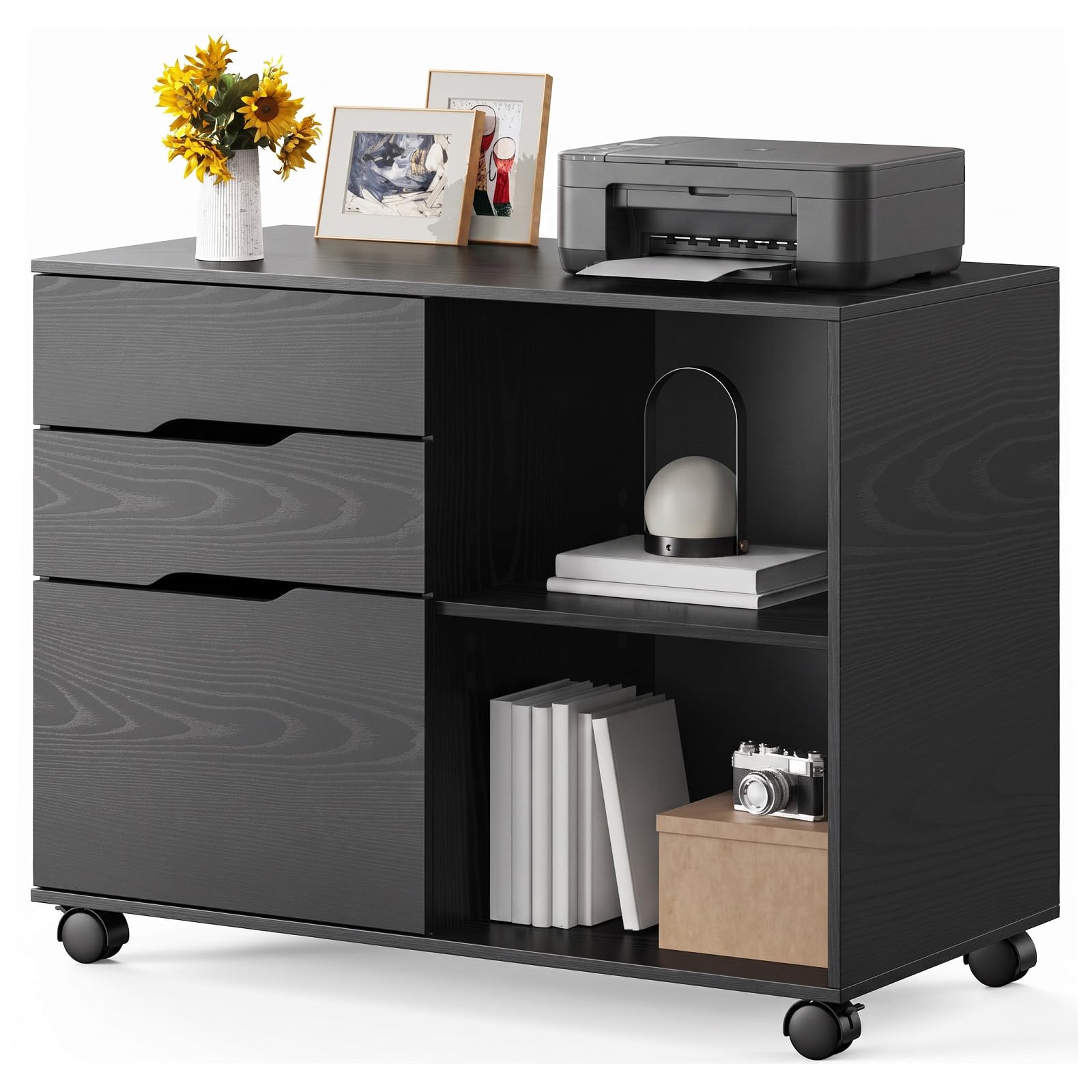 OLIXIS 3 Drawer Lateral File Cabinet, Rolling Printer Stand with Storage Black 3 Drawer