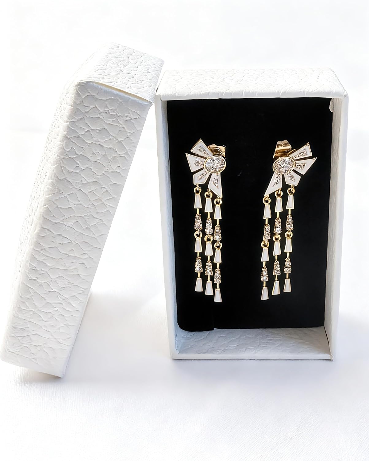 2026Gold-Tone Bowknot Dangle Earrings with Rhinestones & Enamel, Long Tassel Hidden Back Stud Earrings for Women Party Evening Daily Outfit - Image 3