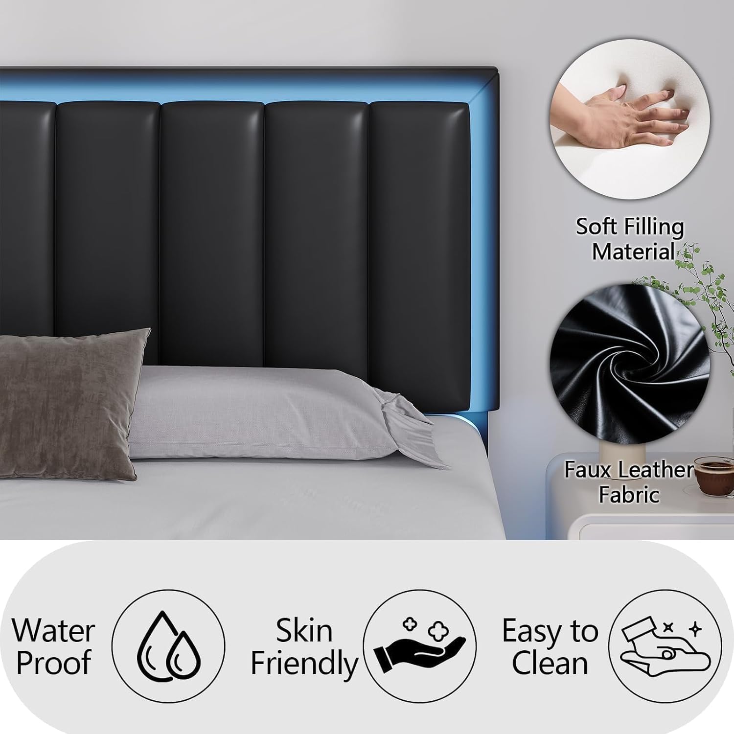 IMMERSTABLE Floating Bed Frame King with LED Lights, Upholstered King Floating Bed Frame and Headboard, Solid Wood Slats Support, No Box Spring Needed, Noise-Free, Easy Assembly, Black