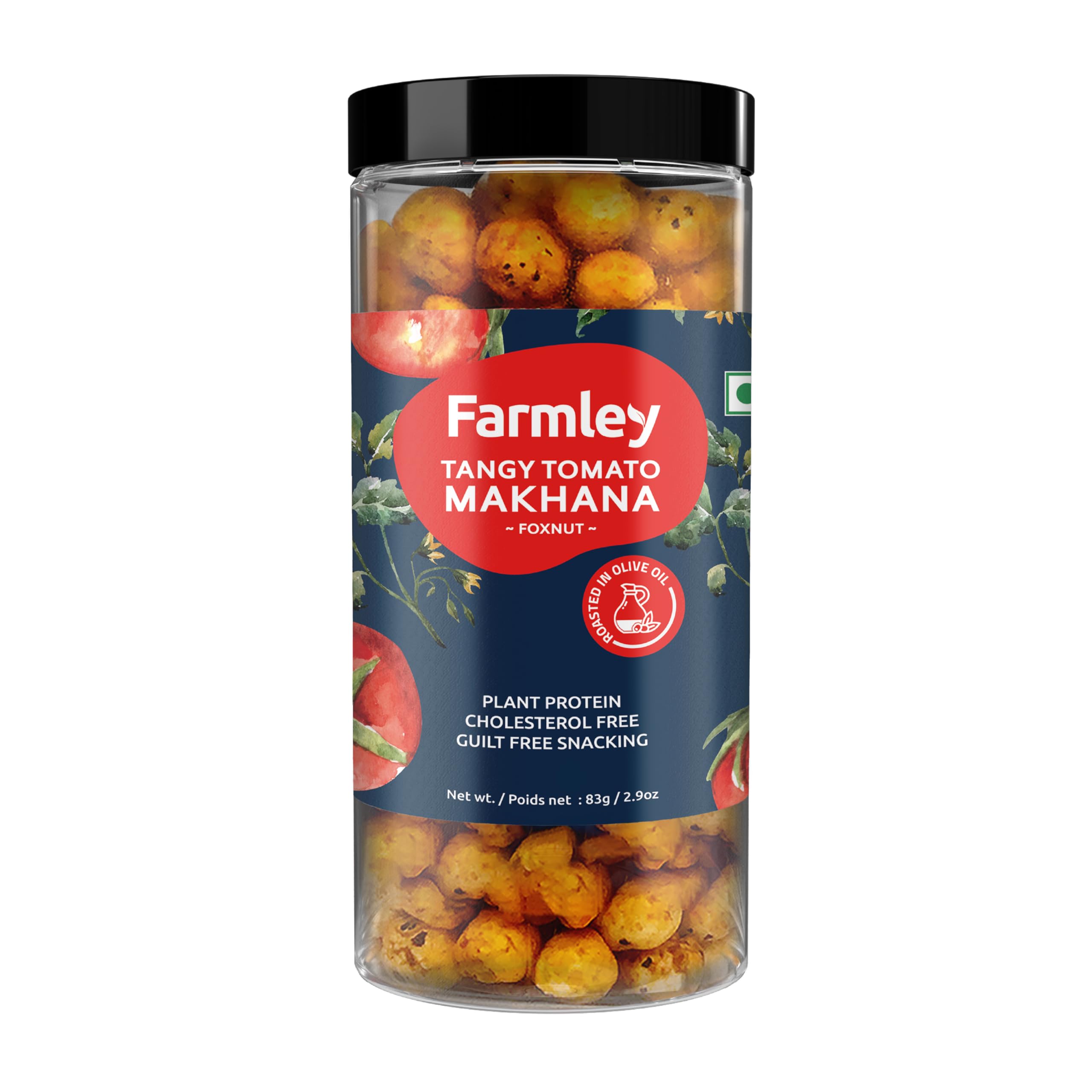 Farmley Makhana Healthy Puffs | Gluten Free Plant Based Roasted & Flavoured Crisps (Pack of 1) | Fox Nuts | High Protein/Fiber | Healthy Snacks | Popped Lotus Seed - Tangy Tomato | 3.20 Oz