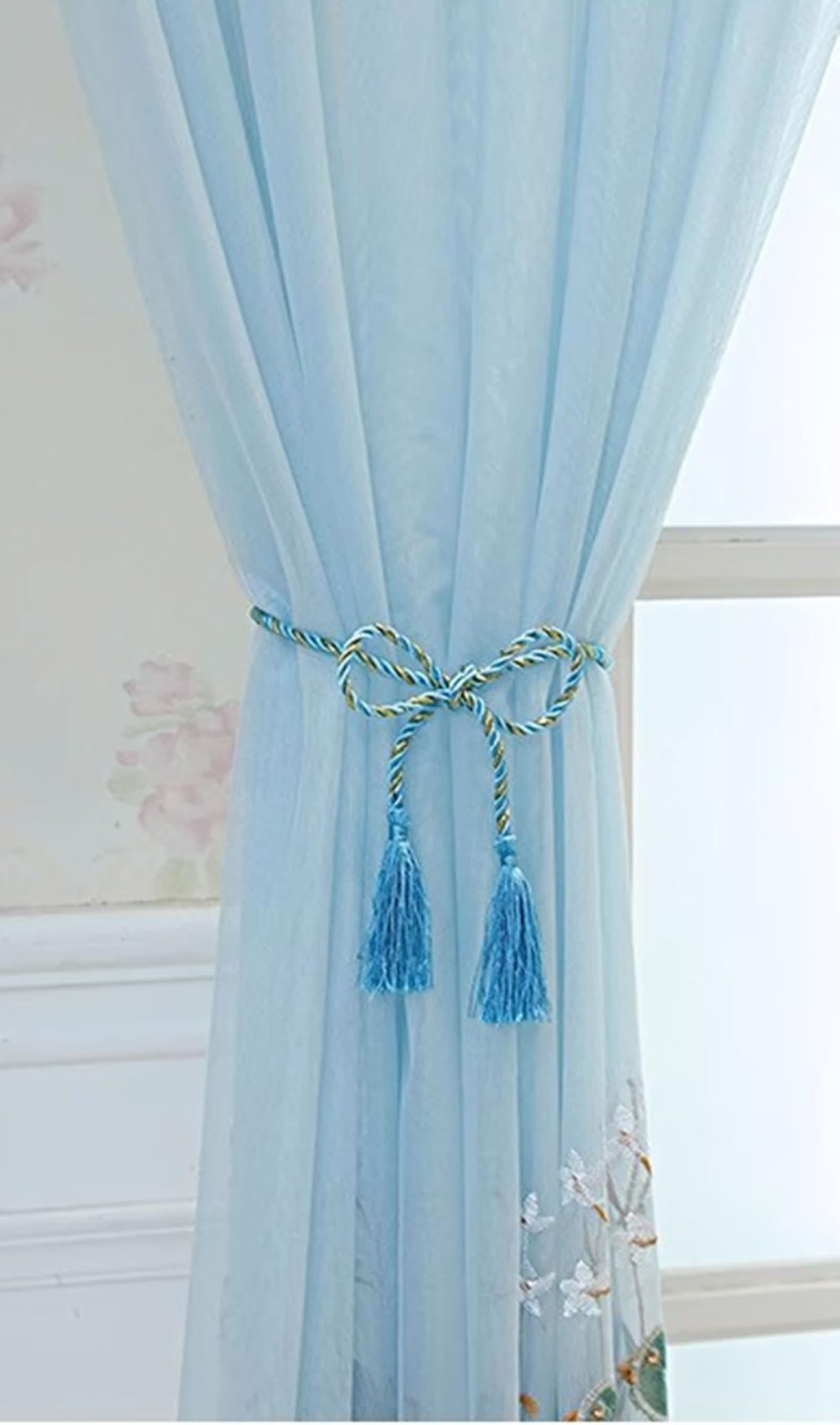Rideau Chambre Moderne Bleu Clair, Voilage Rideaux Cuisine Lot de 2 Polyester Motif D'Oiseau Brodé de Dentelle LxH 107x244cm