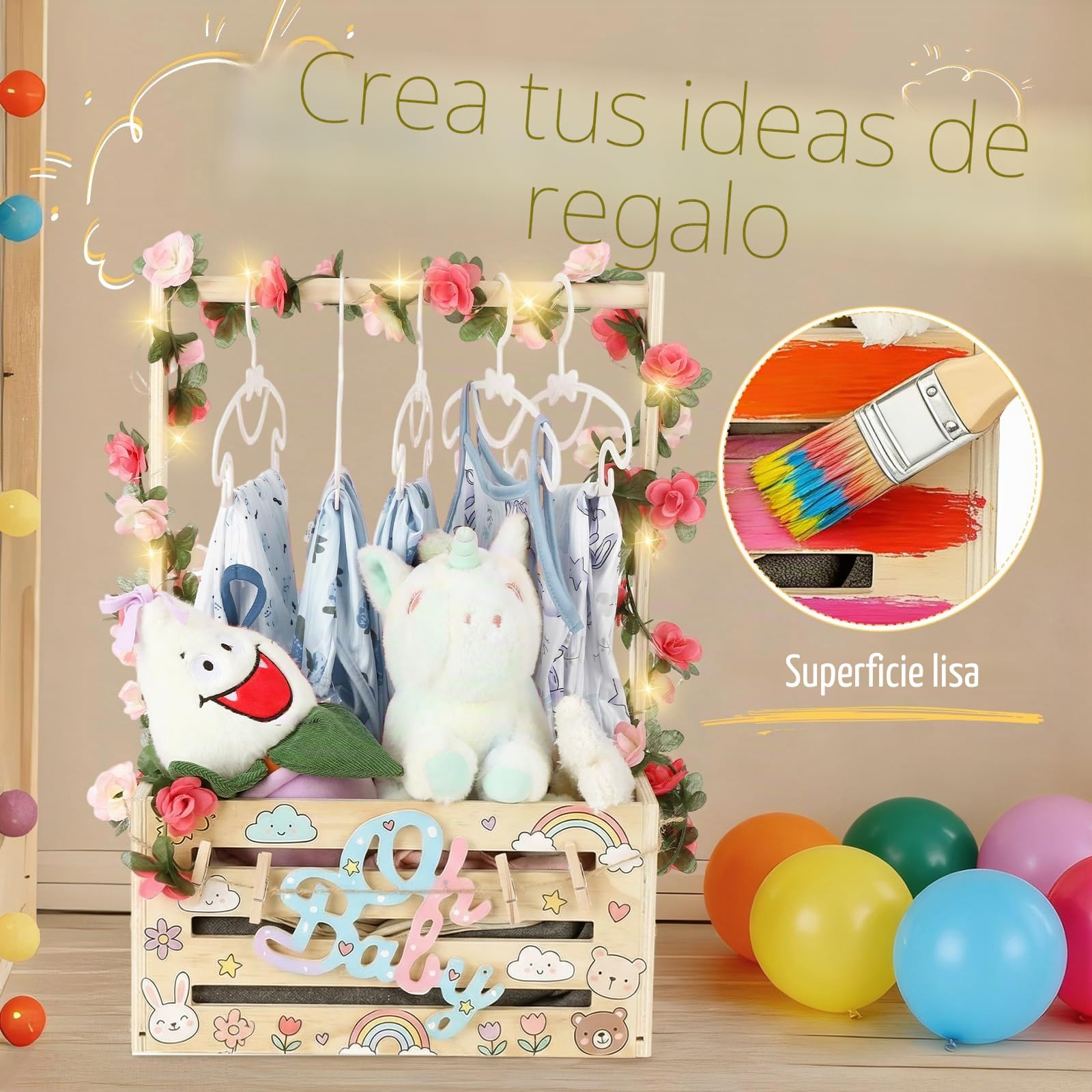 Armario de madera para baby shower, cesta de regalo personalizada para bebé con mango ajustable, incluye luces de cadena, guirnalda, 6 ganchos y 6 clips, regalo único para recién nacidos para niños y