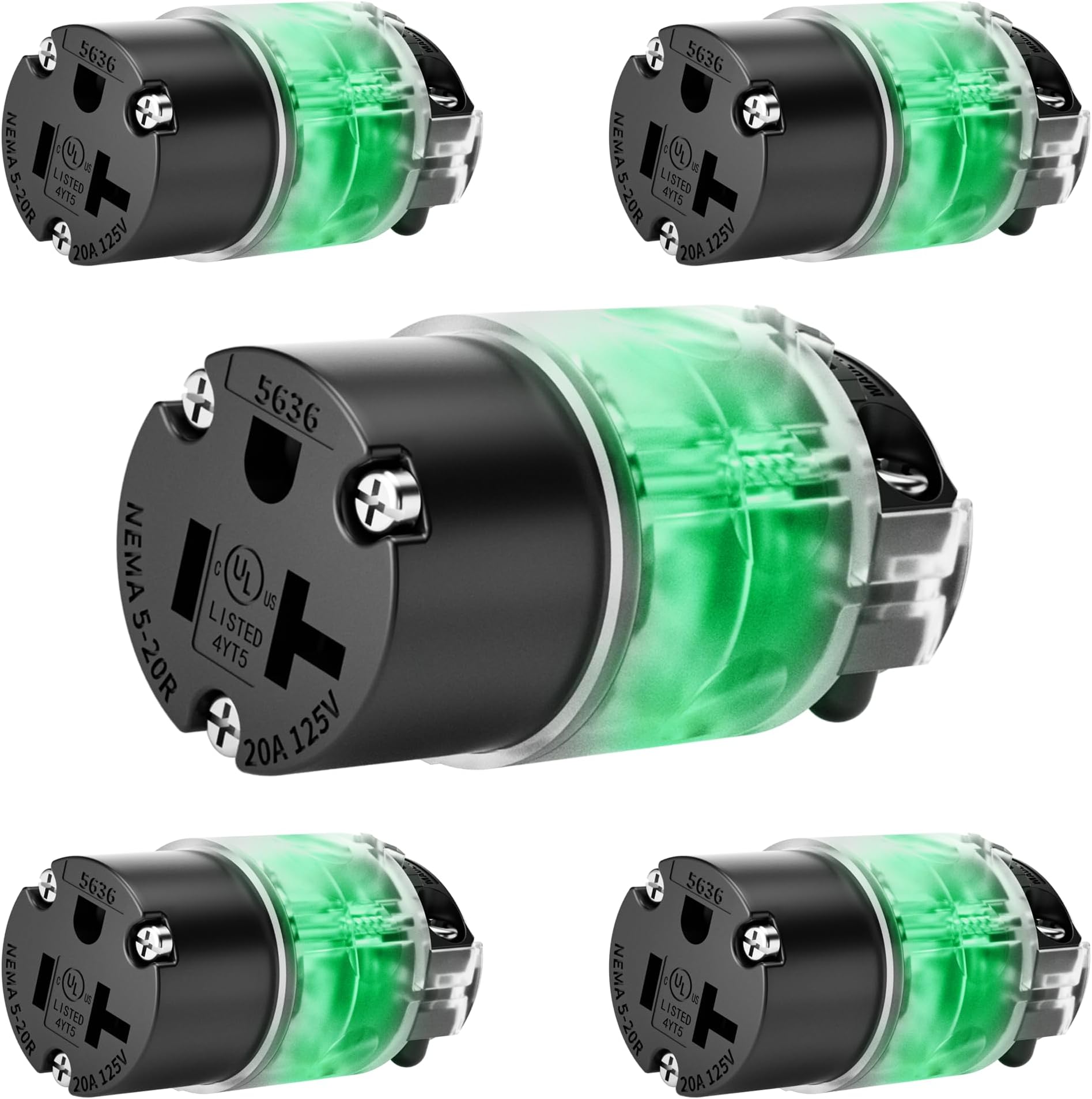 5 Pack 20 amp Female Extension Cord Ends Lighted Connector Extension Cord Repair Female End, Straight Blade Cord End Replacement, 20 Amp 125Volt, NEMA 5-20R, 2 Pole 3Wire Grounding,UL-Listed
