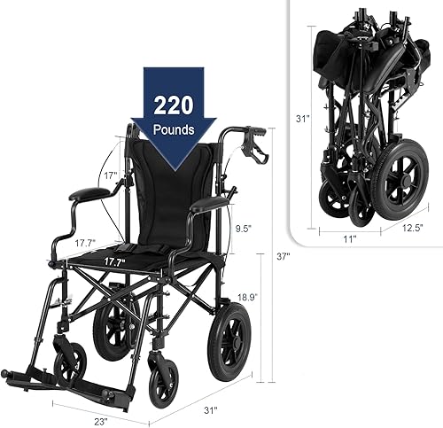 Miniatura 2 de Medwarm Silla de ruedas ultraligera de transporte de peso para adultos y niños, pesa solo 22 libras, silla de ruedas plegable de viaje con frenos de