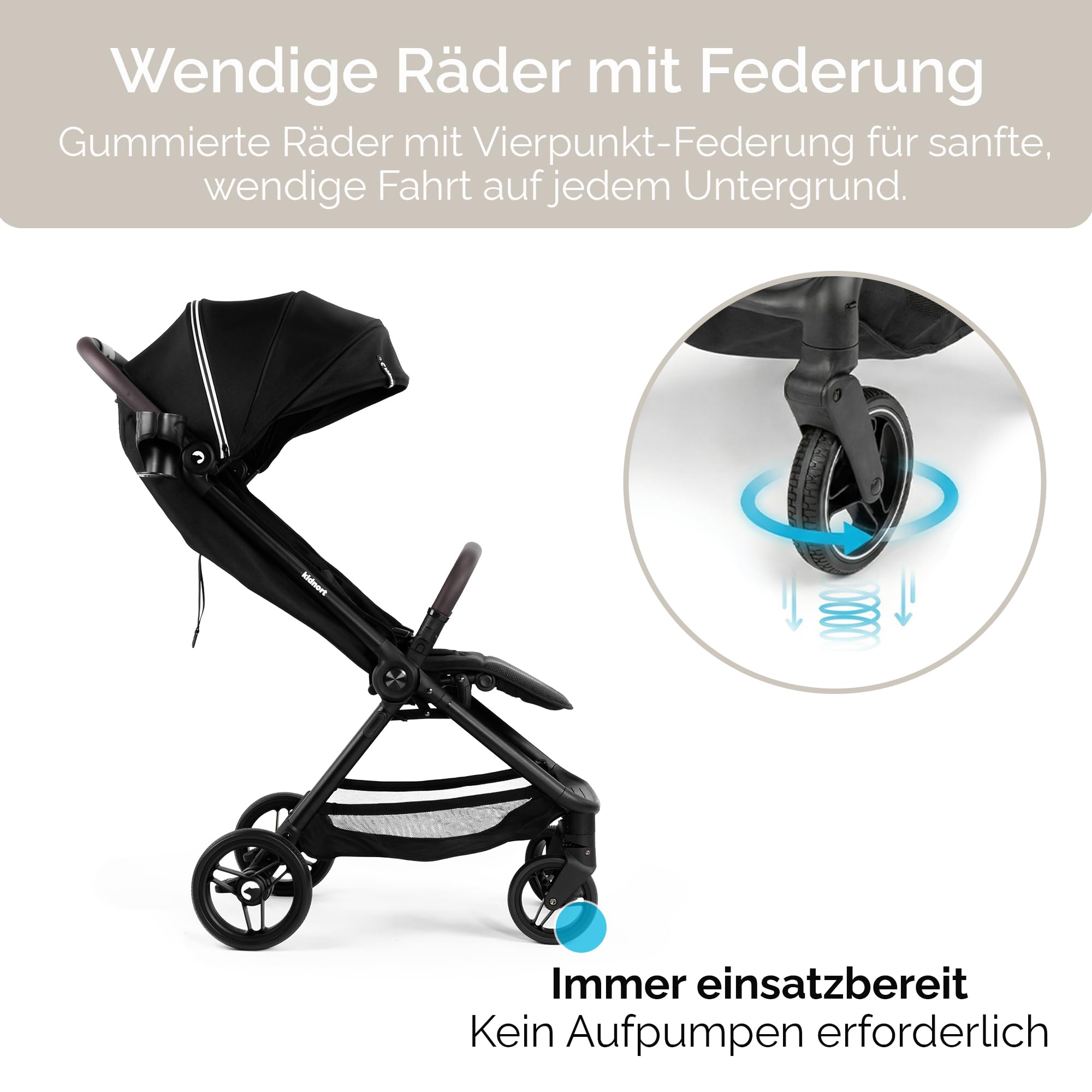 Snøugle Reisebuggy leicht faltbar mit Liegefunktion, Einhand-Faltung, bis 22 kg, 5-Punkt-Gurt, Federung, Verdeck Schwarz