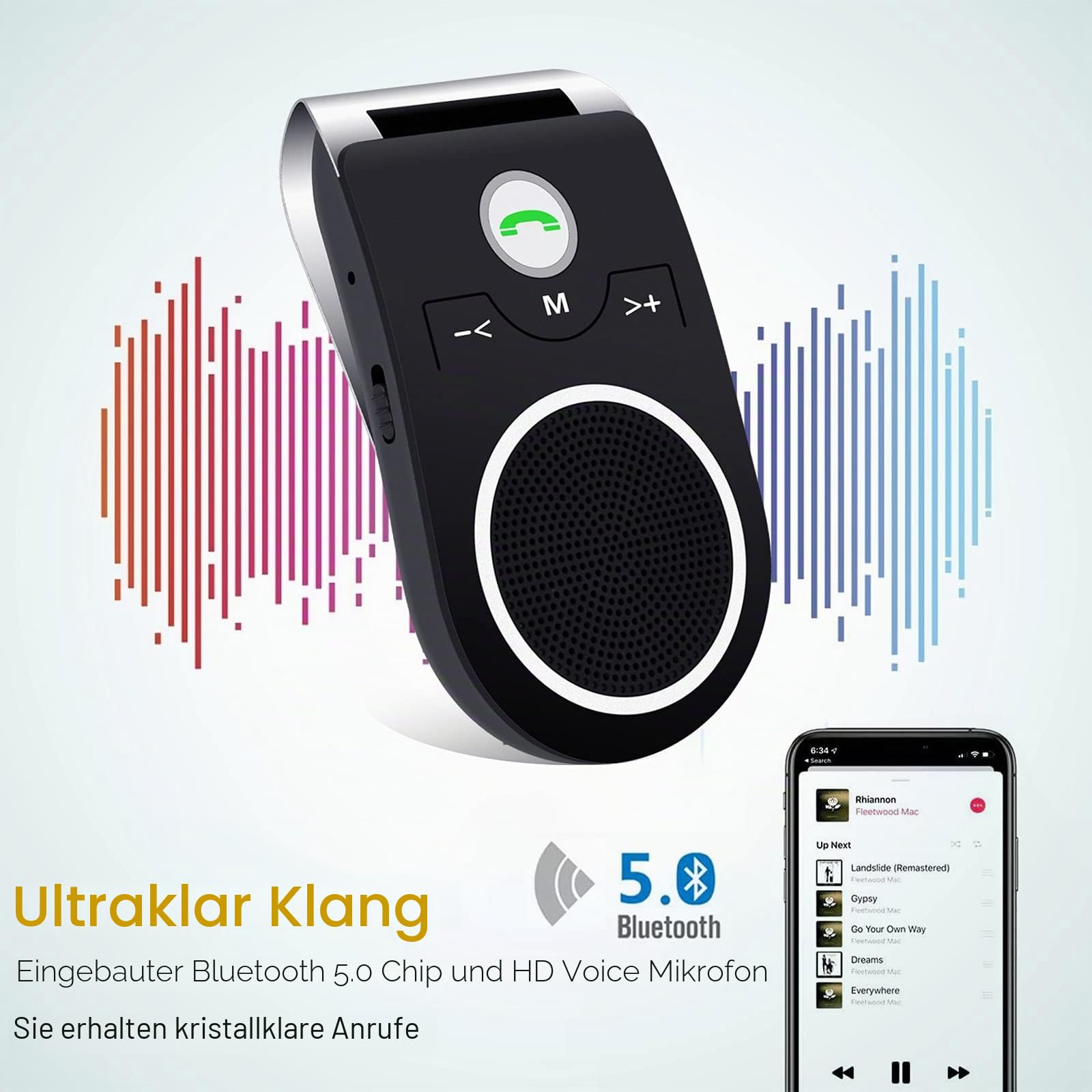 Bluetooth KFZ Freisprecheinrichtung, Bluetooth 5.0 In Car Speakerphone Handsfree Car Kit mit Geräuschunterdrückendes mikrofon und Stereo-Sound für GPS, Musik, Telefongespräche Unterstützt 2 Telefone