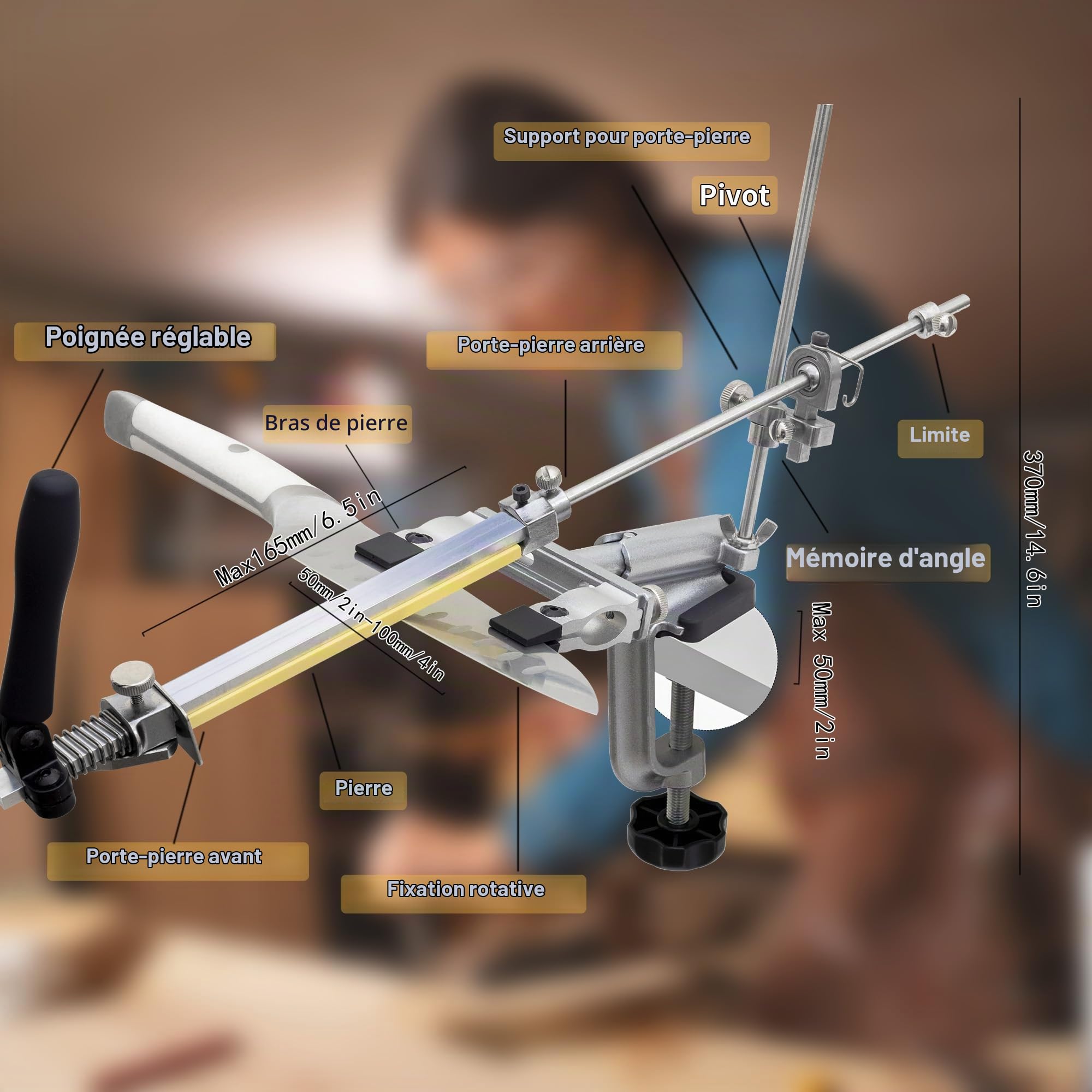CWOVRS Aiguiseur de Couteaux, RX-009 Affûteur Couteaux à Angle Fixe Rotatif à 360°, Curseur et Fixation Précis Améliorés, Kit de Système d'Affûtage de Couteaux à Cuisine, 10 Pierre Kit
