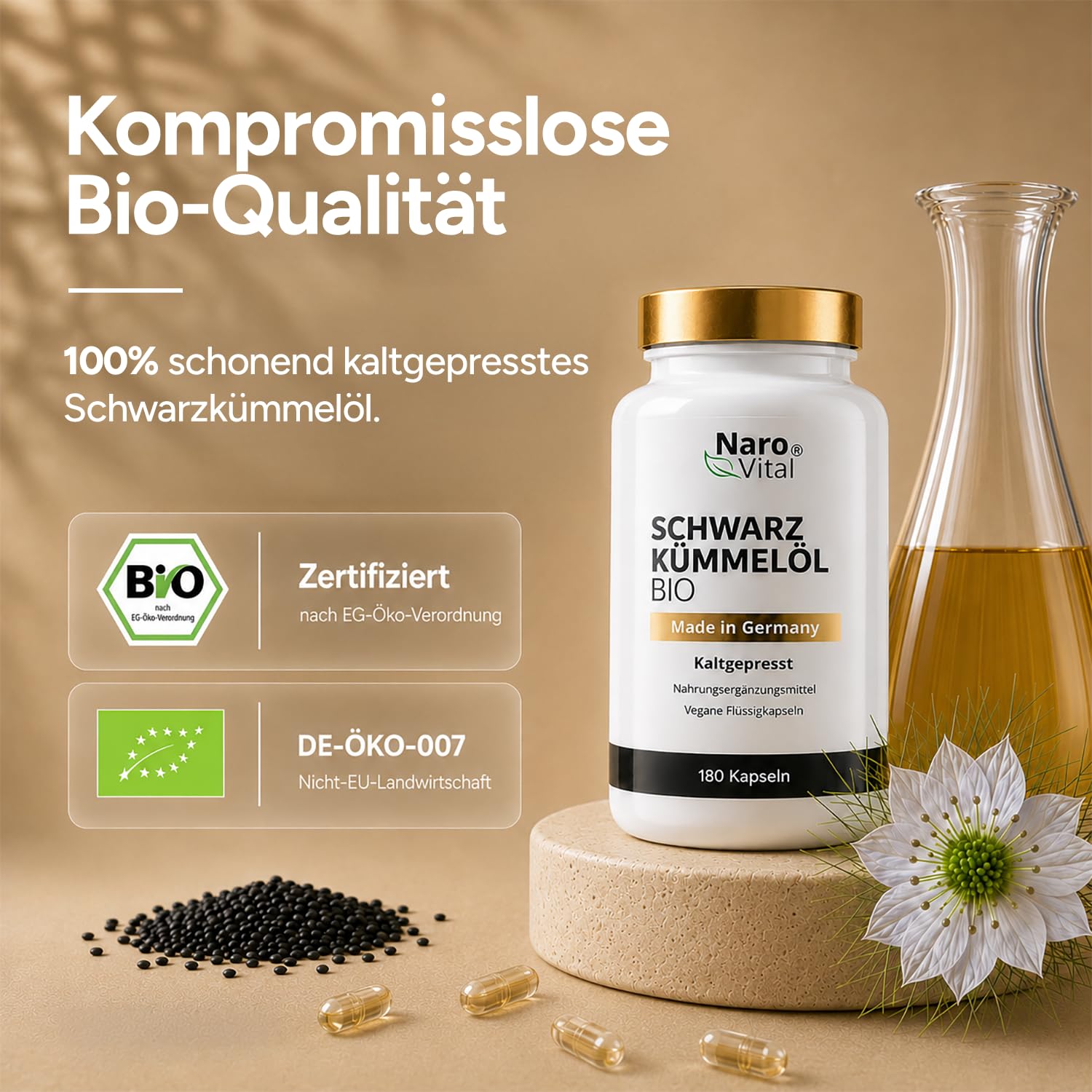Schwarzkümmelöl Kapseln Bio Kaltgepresst & Naturbelassen - 180 vegane Schwarzkümmel Kapseln Hochdosiert - 1000mg Ägyptisches Schwarzkümmelöl pro Tagesdosis - Black Seeds Oil