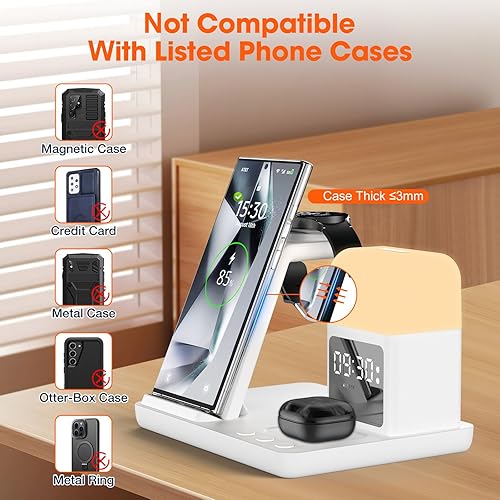 Miniatura 6 de Cargador inalámbrico para estación de carga SamsungAndroid, cargador de reloj rápido 6 en 1 con reloj despertador, luz nocturna, compatible con