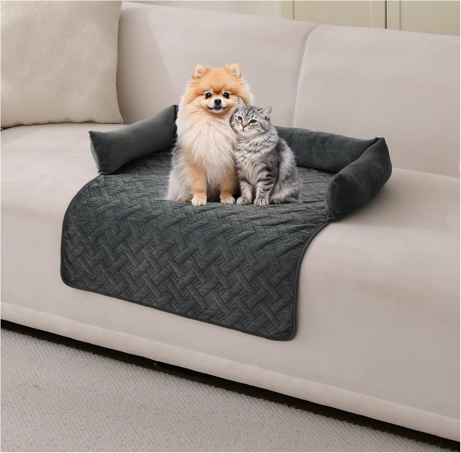Plush Pet Sofa Cushion with Pillow Waterproof, Non-Slip Couch Cover for Dogs and Cats, Soft Sleeping Nest Bedding Pad with Furniture Protector (Dark Grey,70 * 120cm)